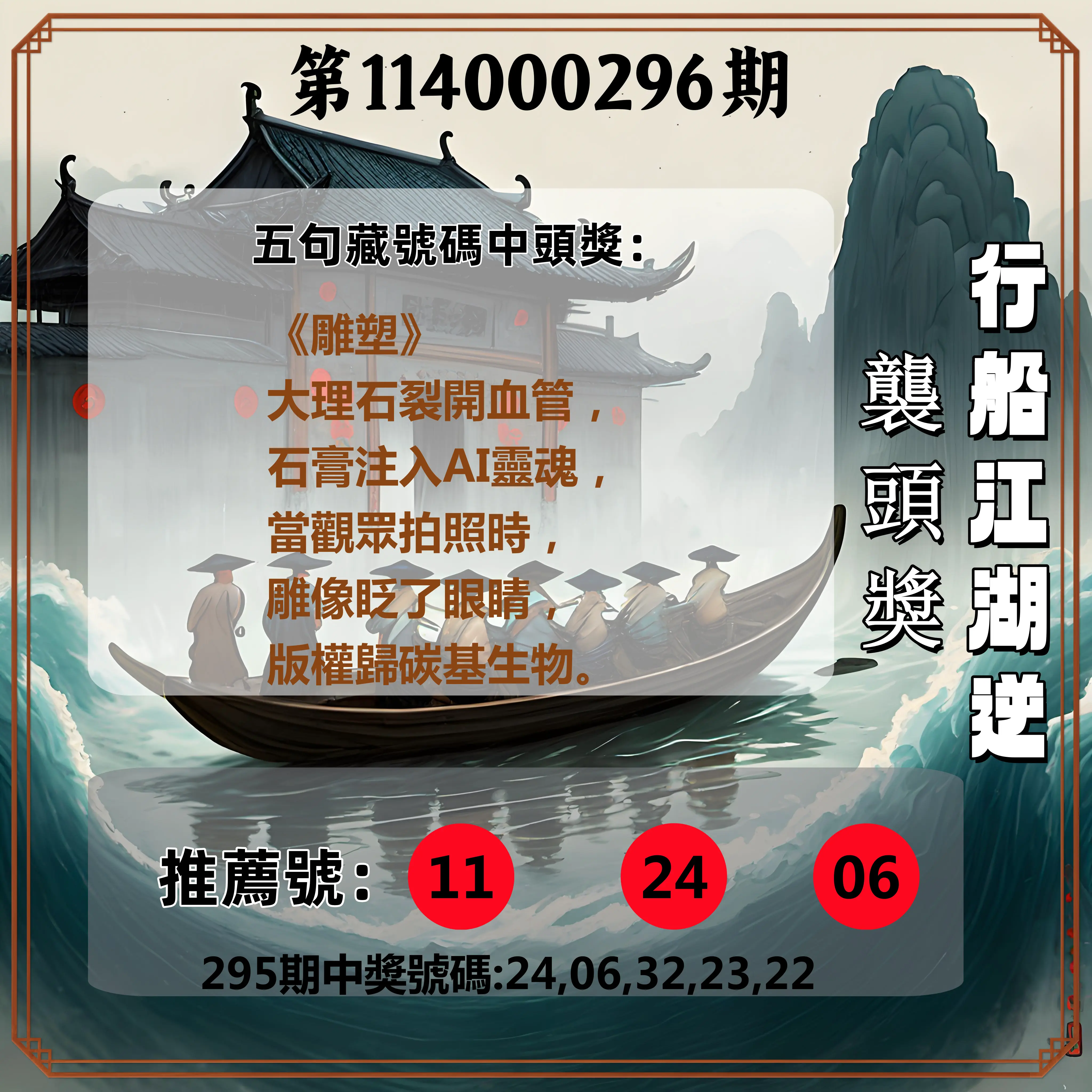 今彩539第114000296期(12/08)行船江湖逆襲頭獎