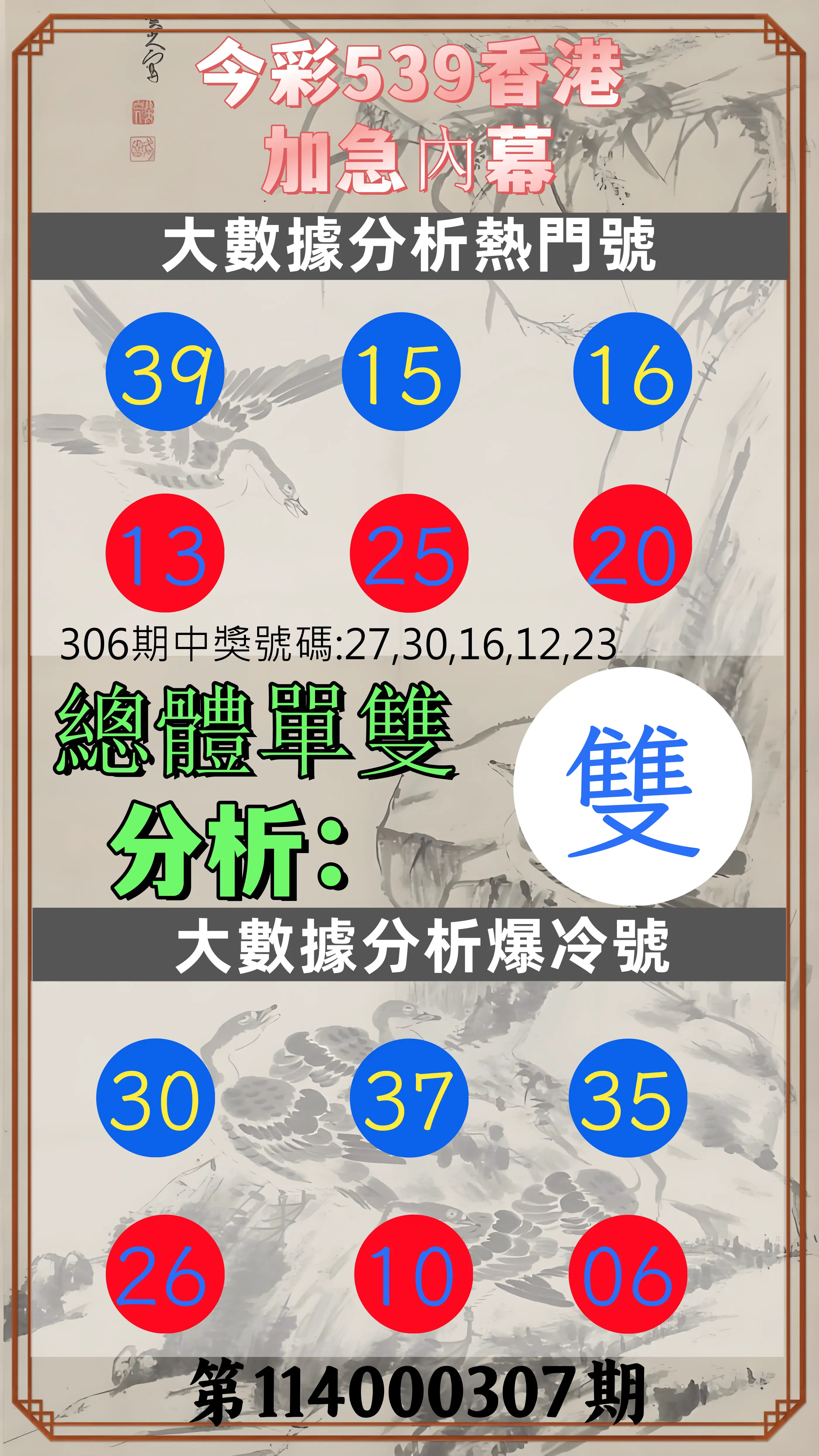 今彩539第114000307期(12/20)今彩539香港加急內幕