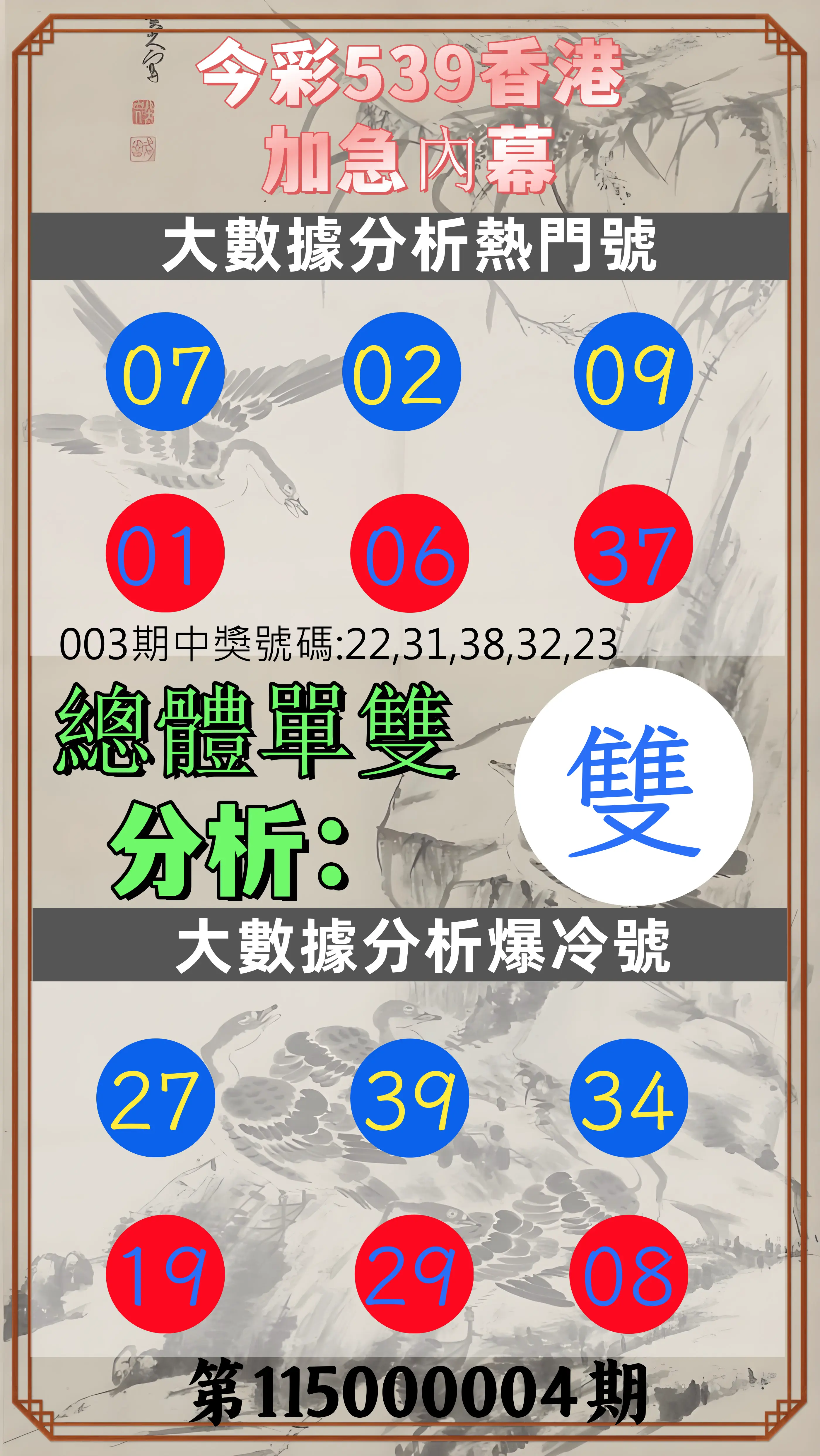 今彩539第115000004期(01/05)今彩539香港加急內幕