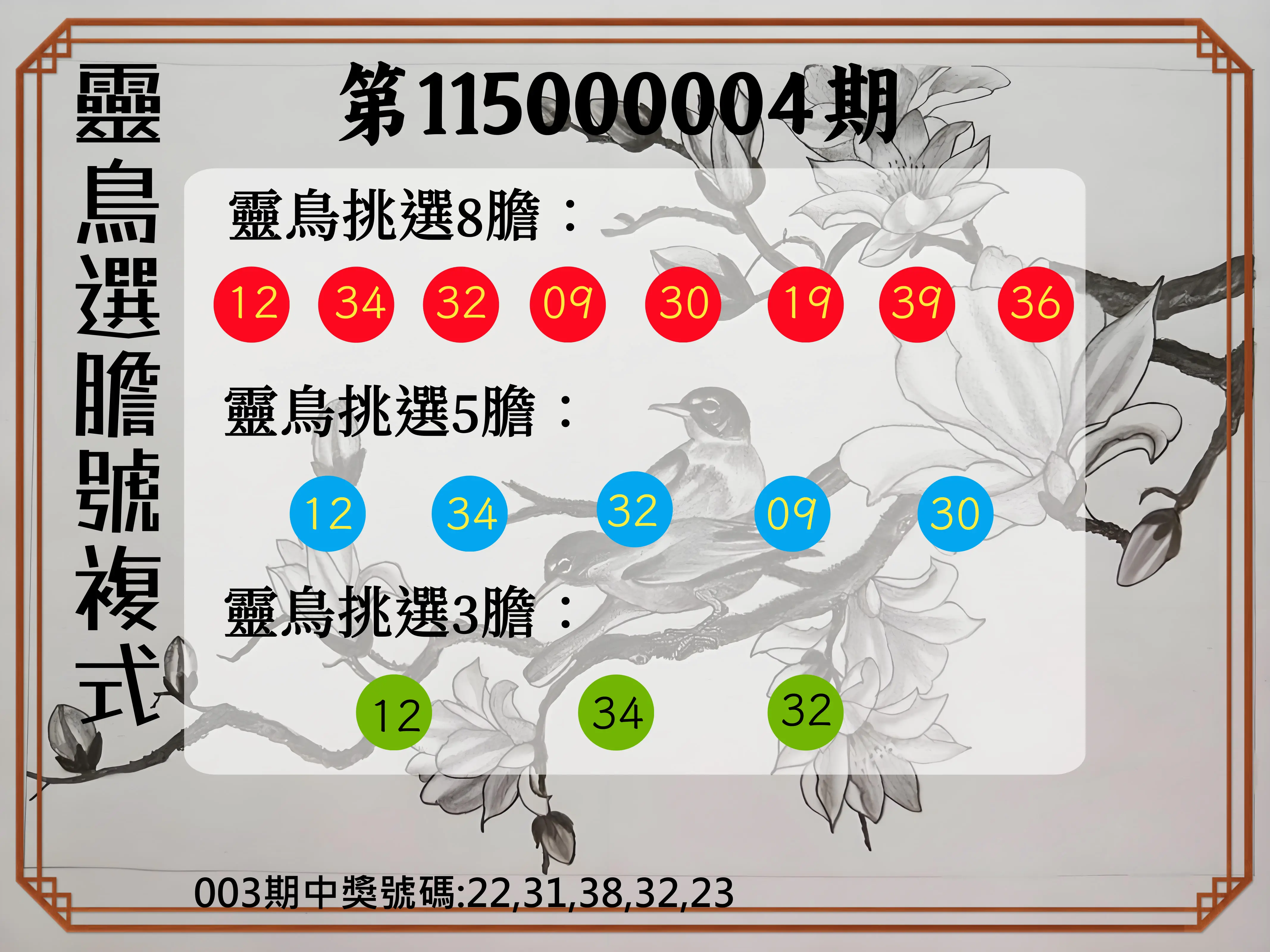 今彩539第115000004期(01/05)靈鳥選膽號複式