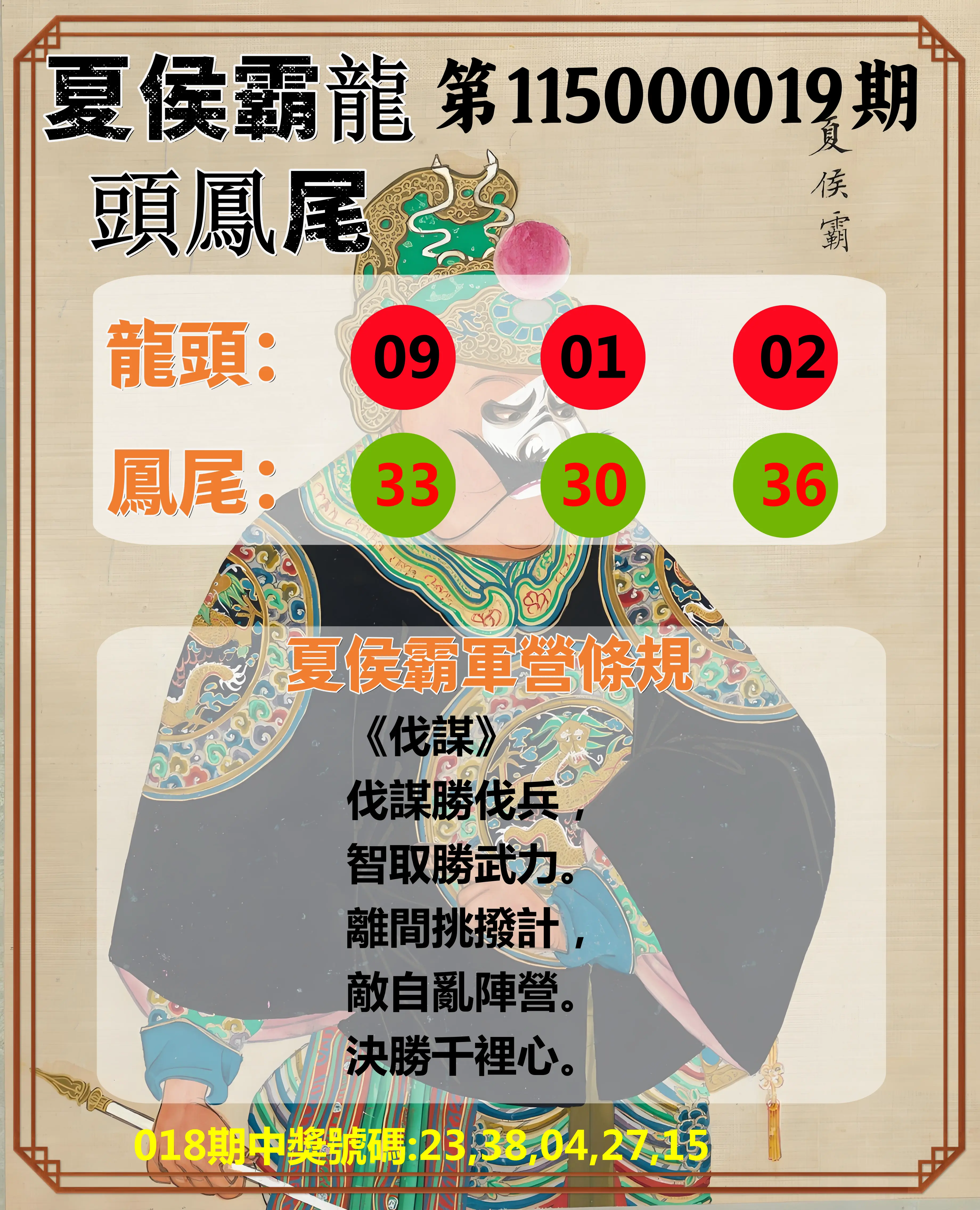 今彩539第115000019期(01/22)夏侯霸龍頭鳳尾