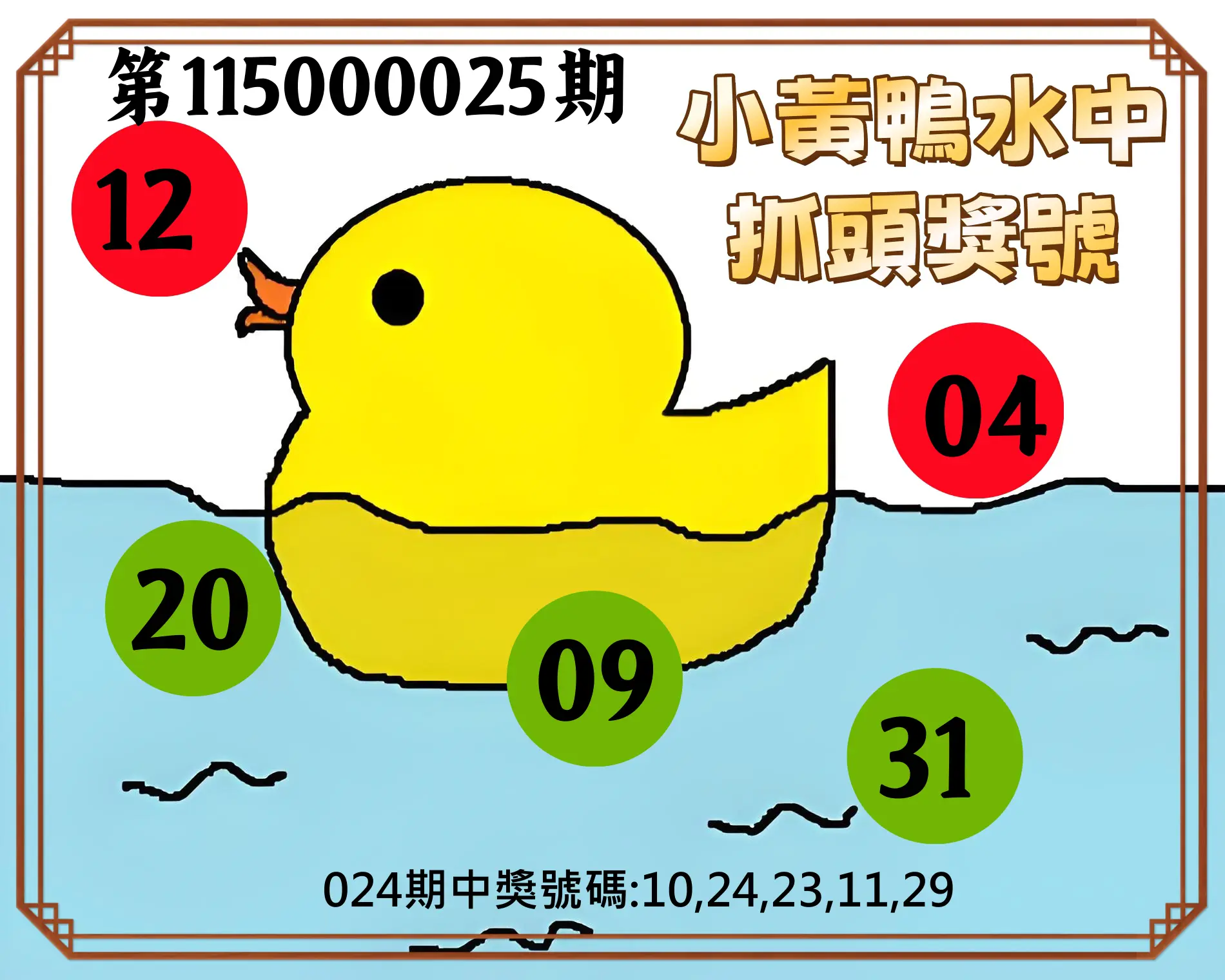今彩539第115000025期(01/29)小黃鴨水中抓頭獎號