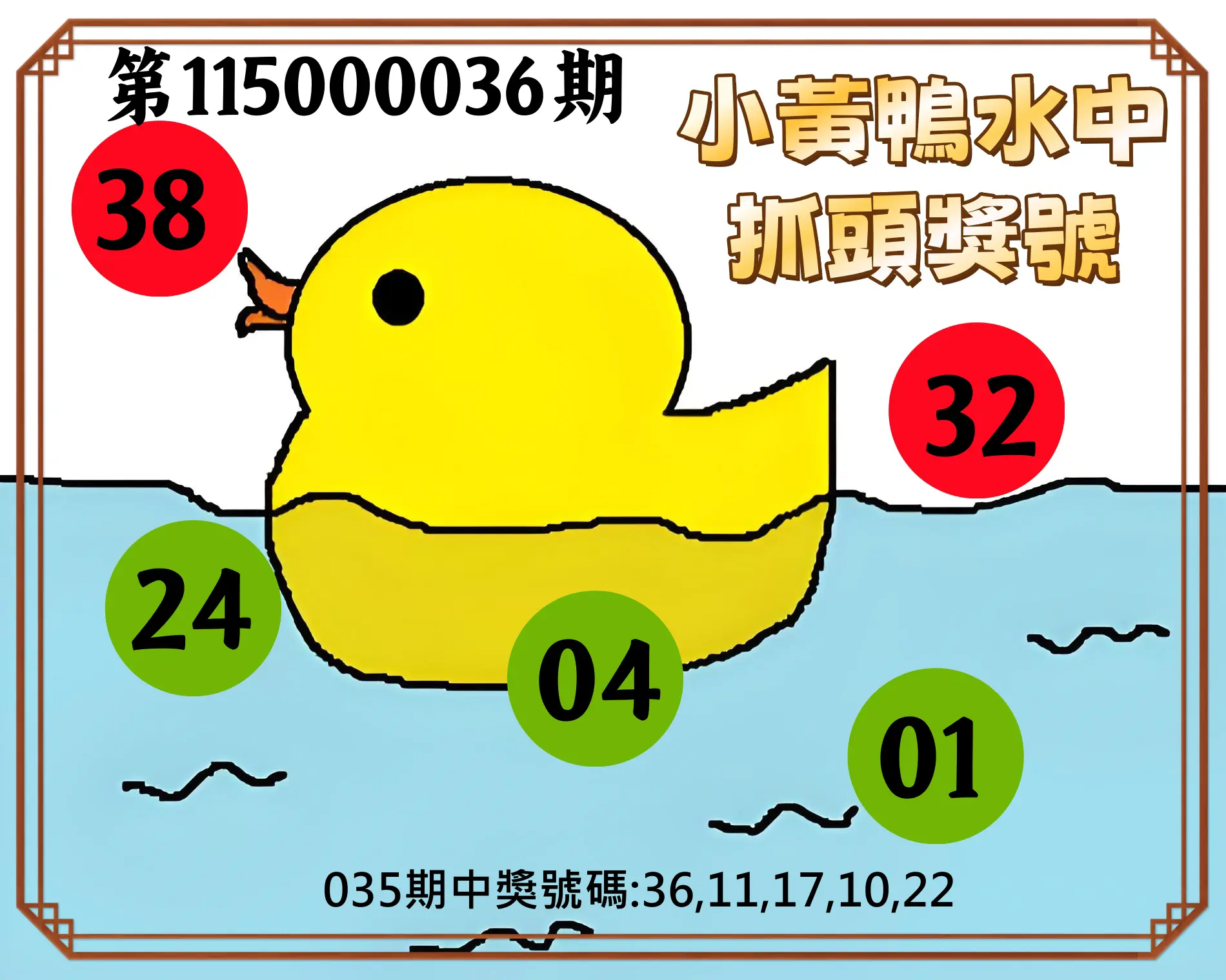 今彩539第115000036期(02/11)小黃鴨水中抓頭獎號