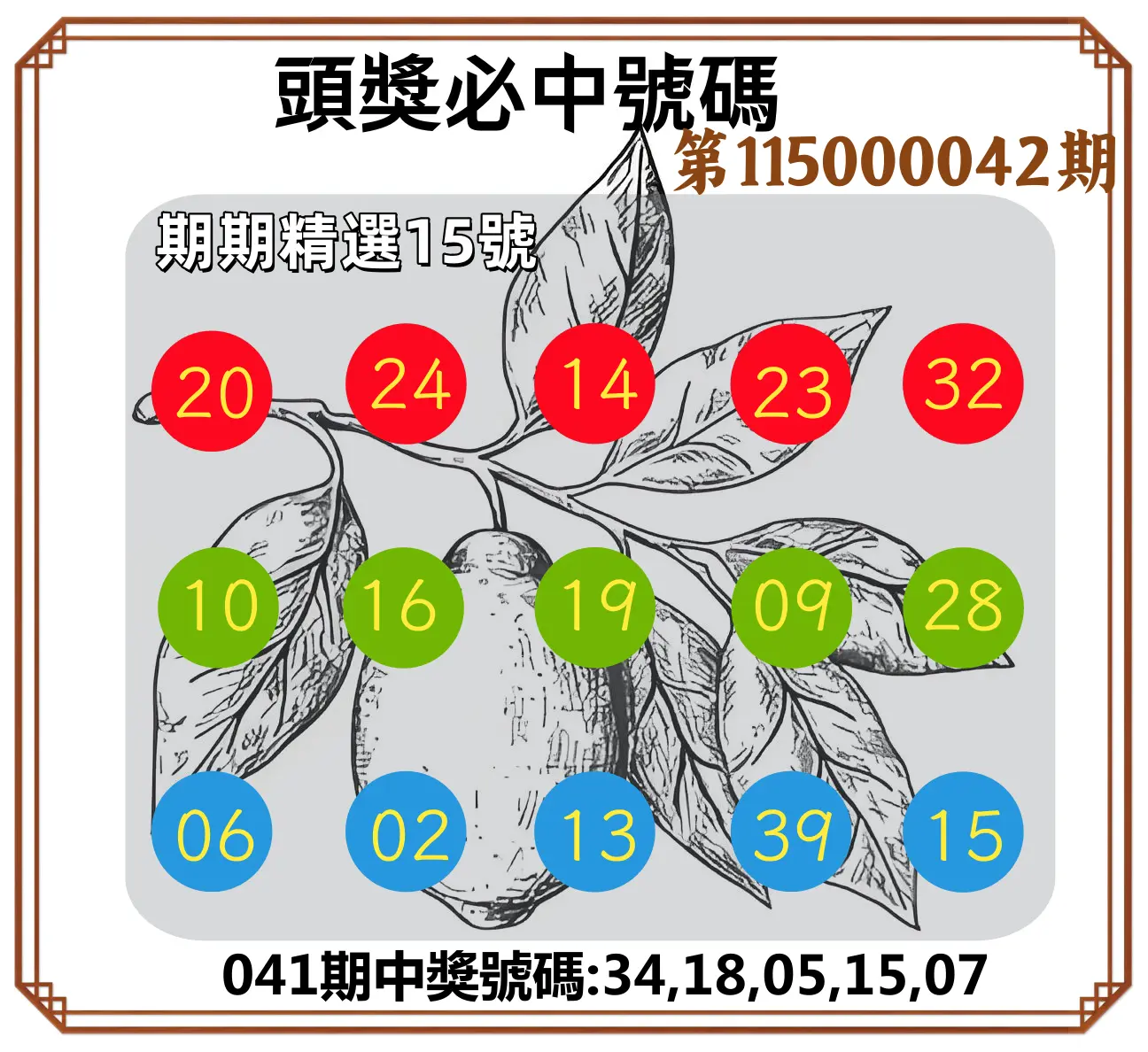 今彩539第115000042期(02/17)頭獎號碼