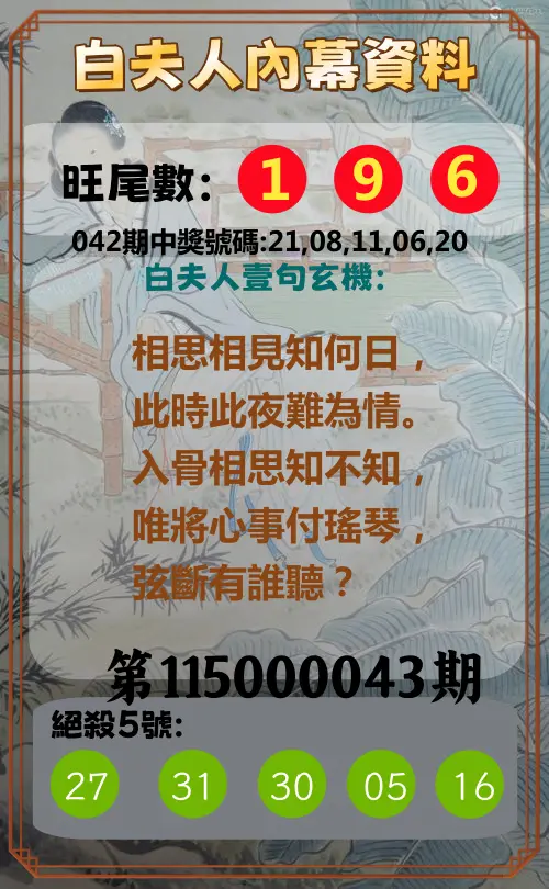 今彩539第115000043期(02/18)白夫人內幕資料