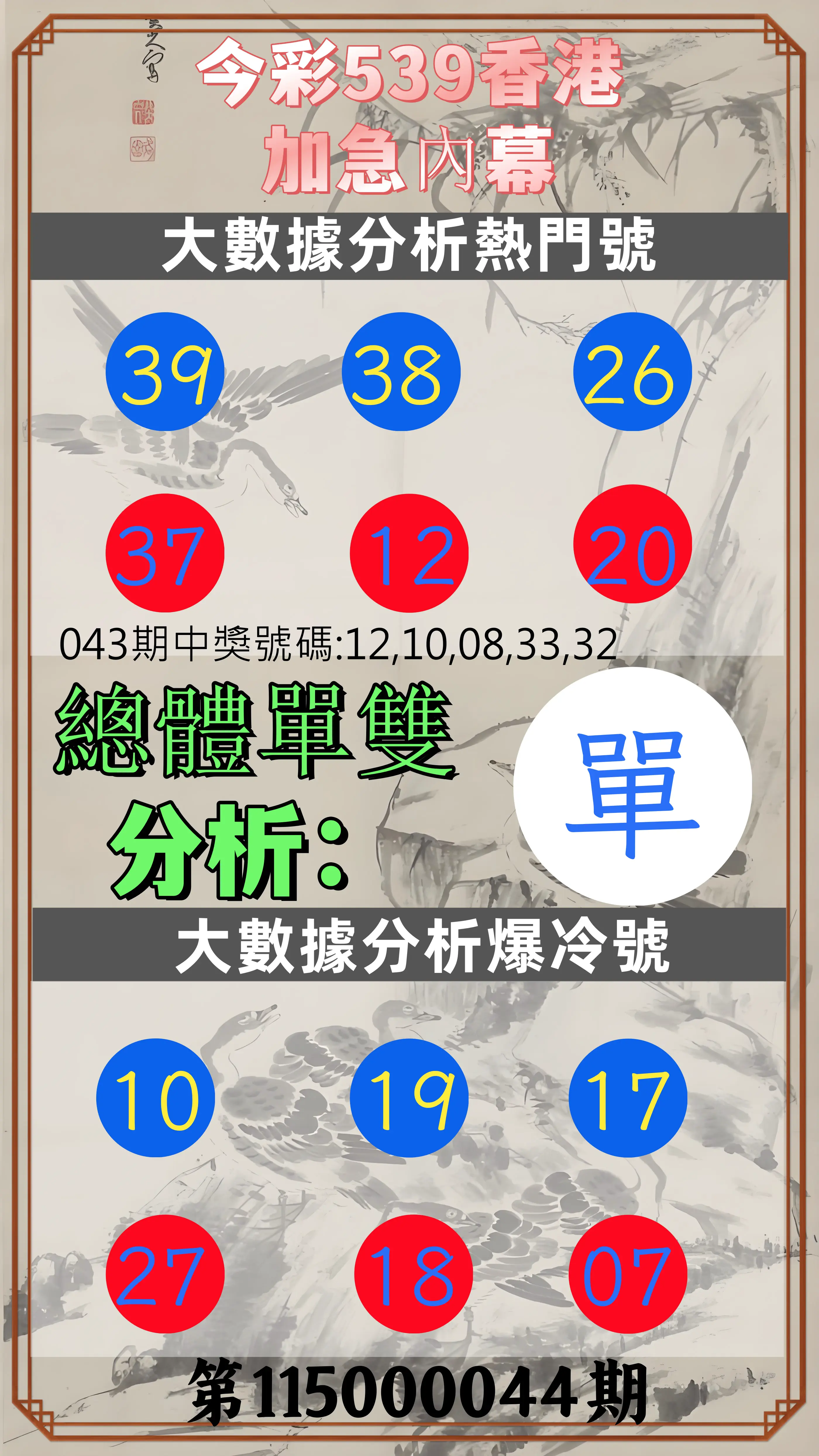 今彩539第115000044期(02/19)今彩539香港加急內幕