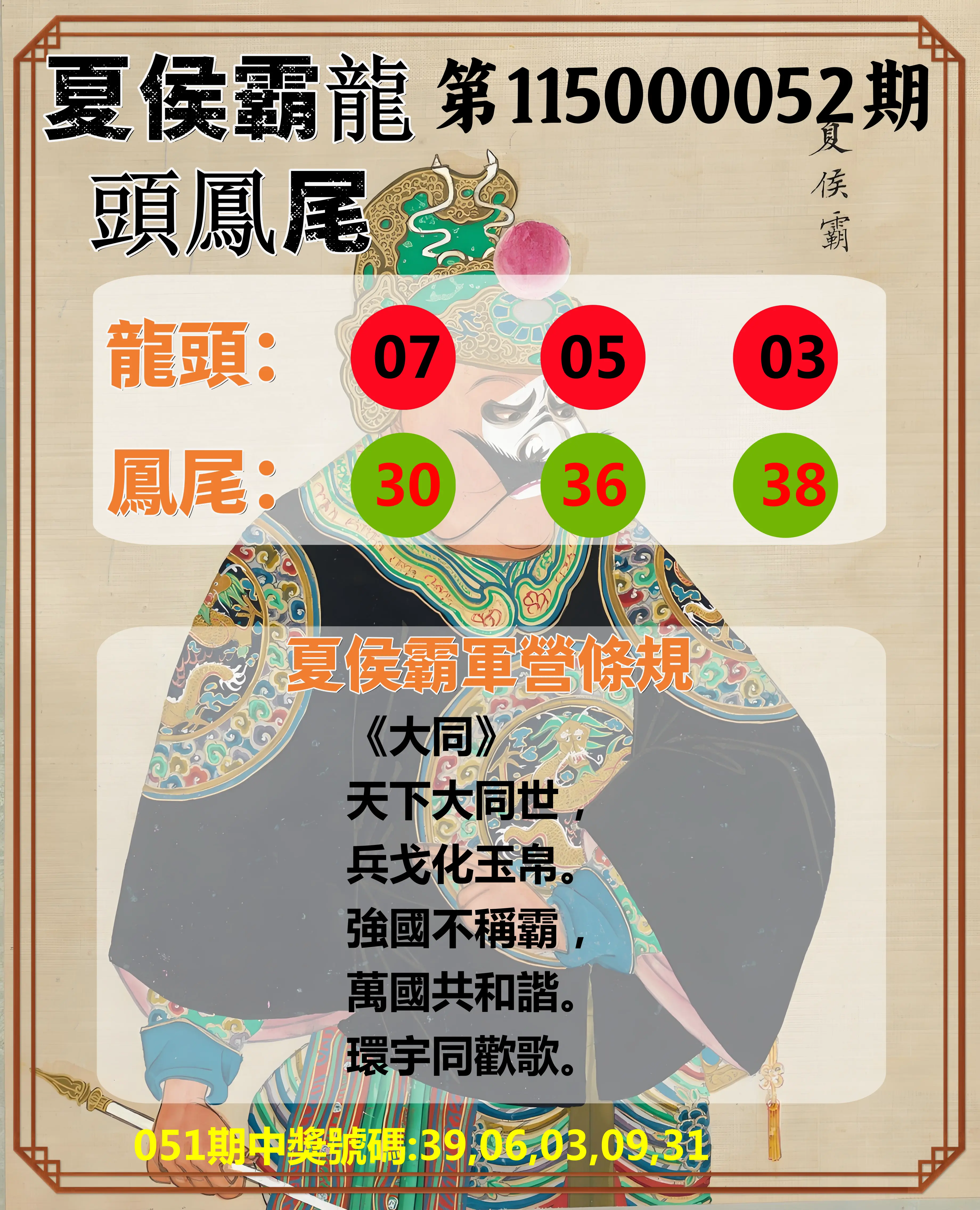 今彩539第115000052期(02/27)夏侯霸龍頭鳳尾