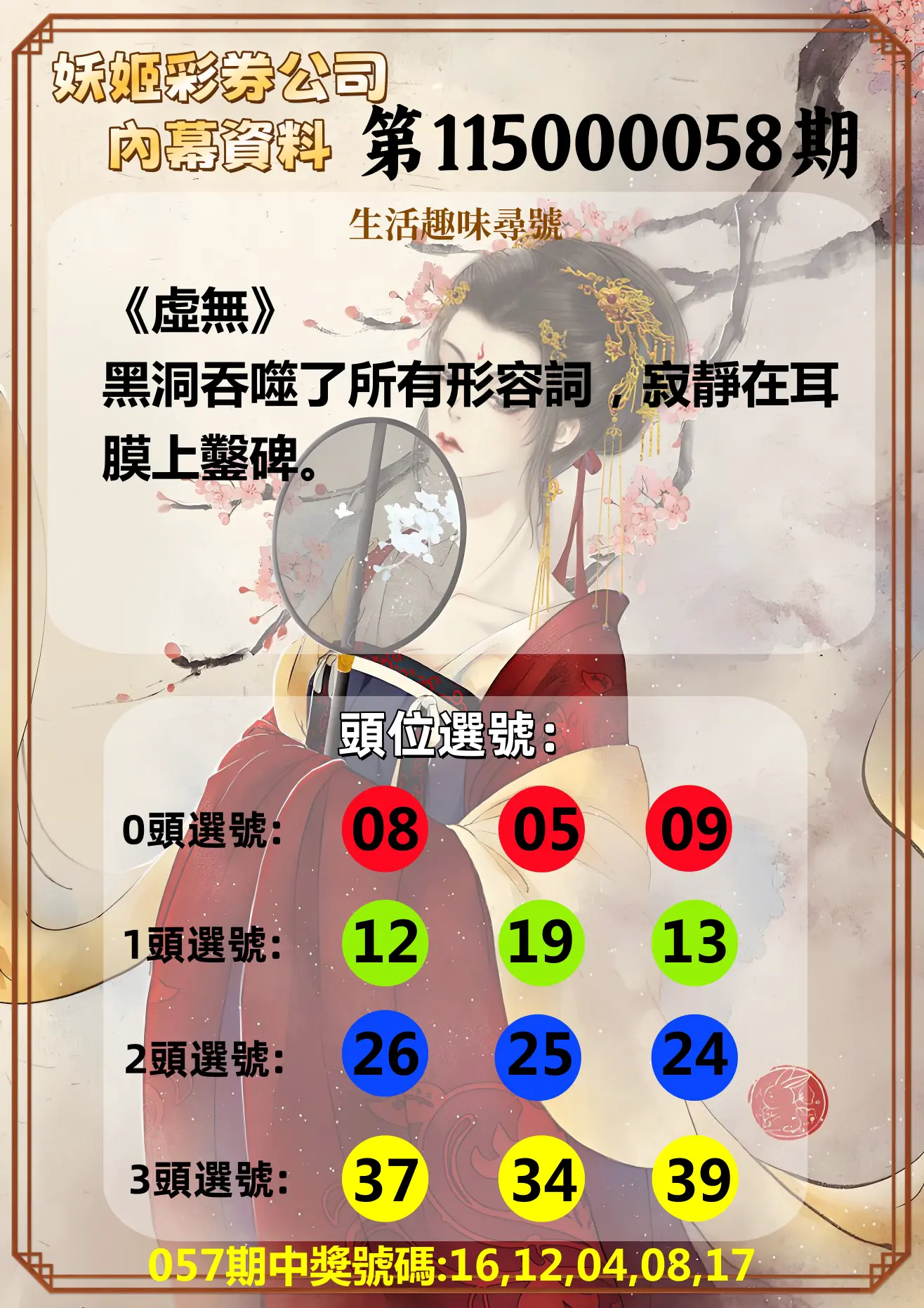 今彩539第115000058期(03/05)妖姬彩券公司內幕資料