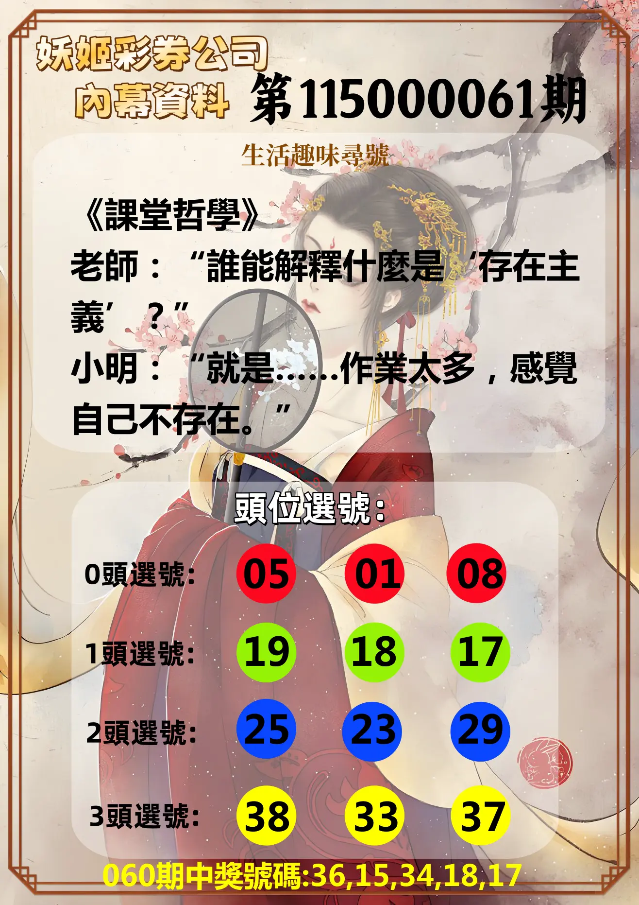 今彩539第115000061期(03/09)妖姬彩券公司內幕資料