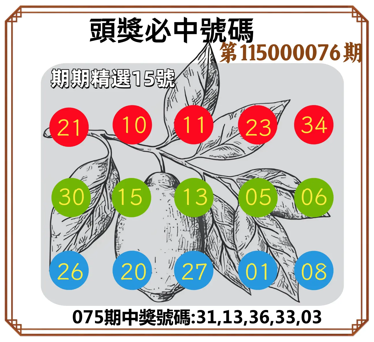 今彩539第115000076期(03/26)頭獎號碼