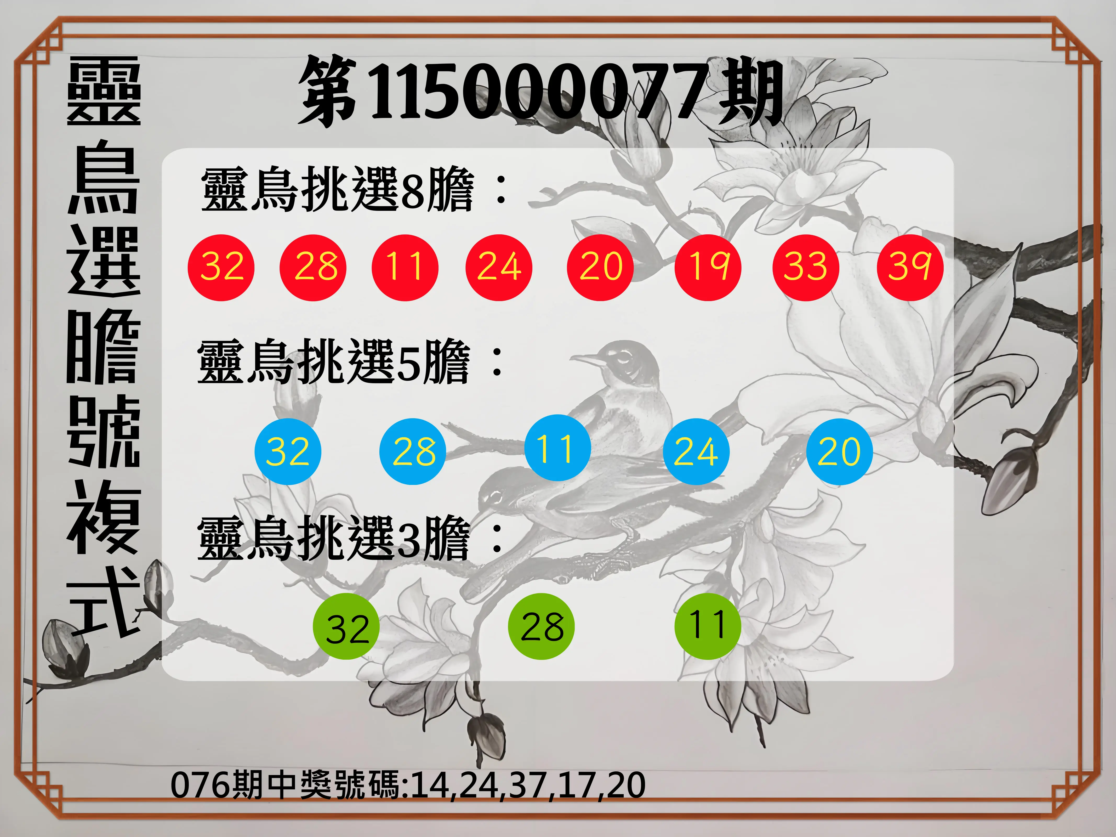 今彩539第115000077期(03/27)靈鳥選膽號複式