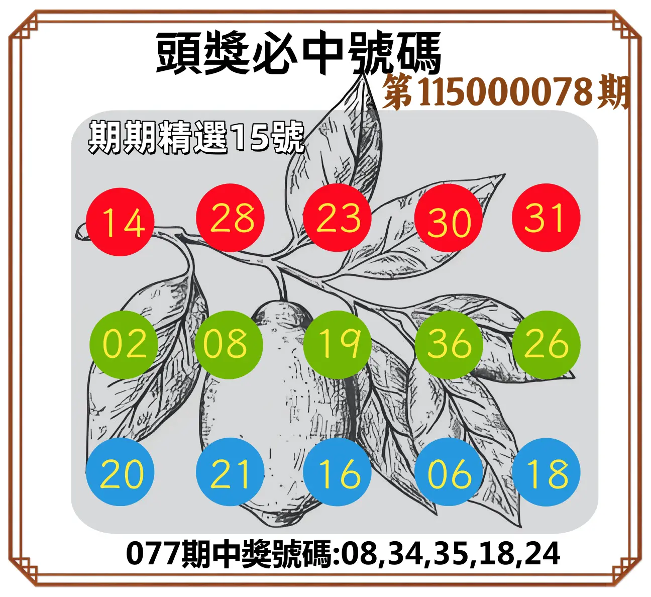 今彩539第115000078期(03/28)頭獎號碼