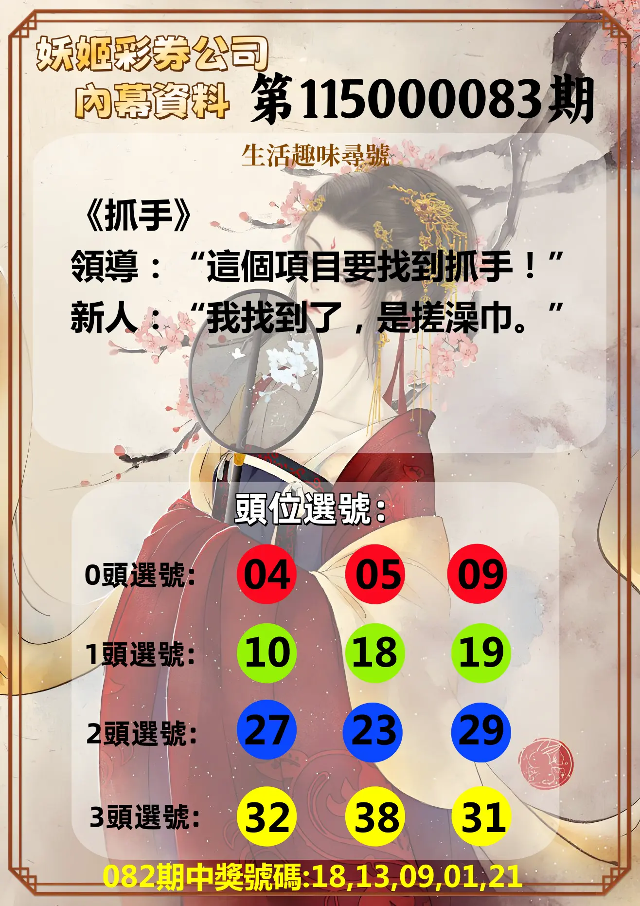 今彩539第115000083期(04/03)妖姬彩券公司內幕資料