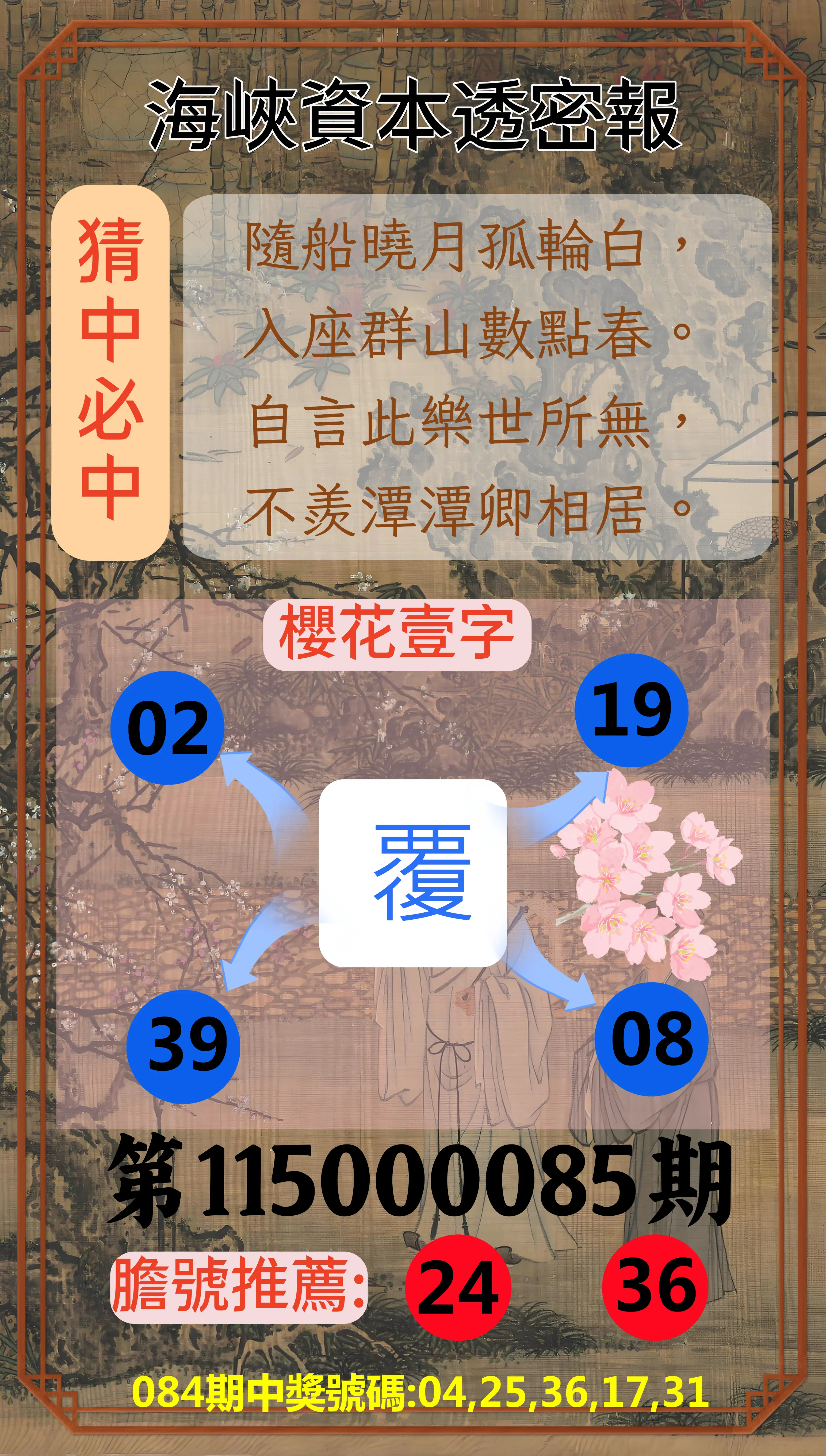 今彩539第115000085期(04/06)海峽資本透密報