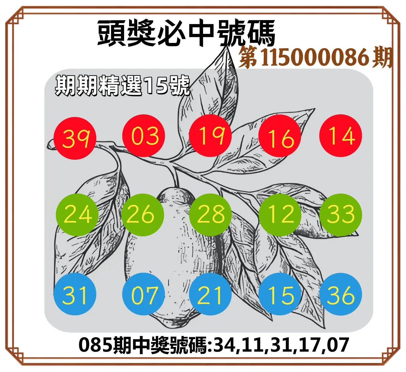 今彩539第115000086期(04/07)頭獎號碼