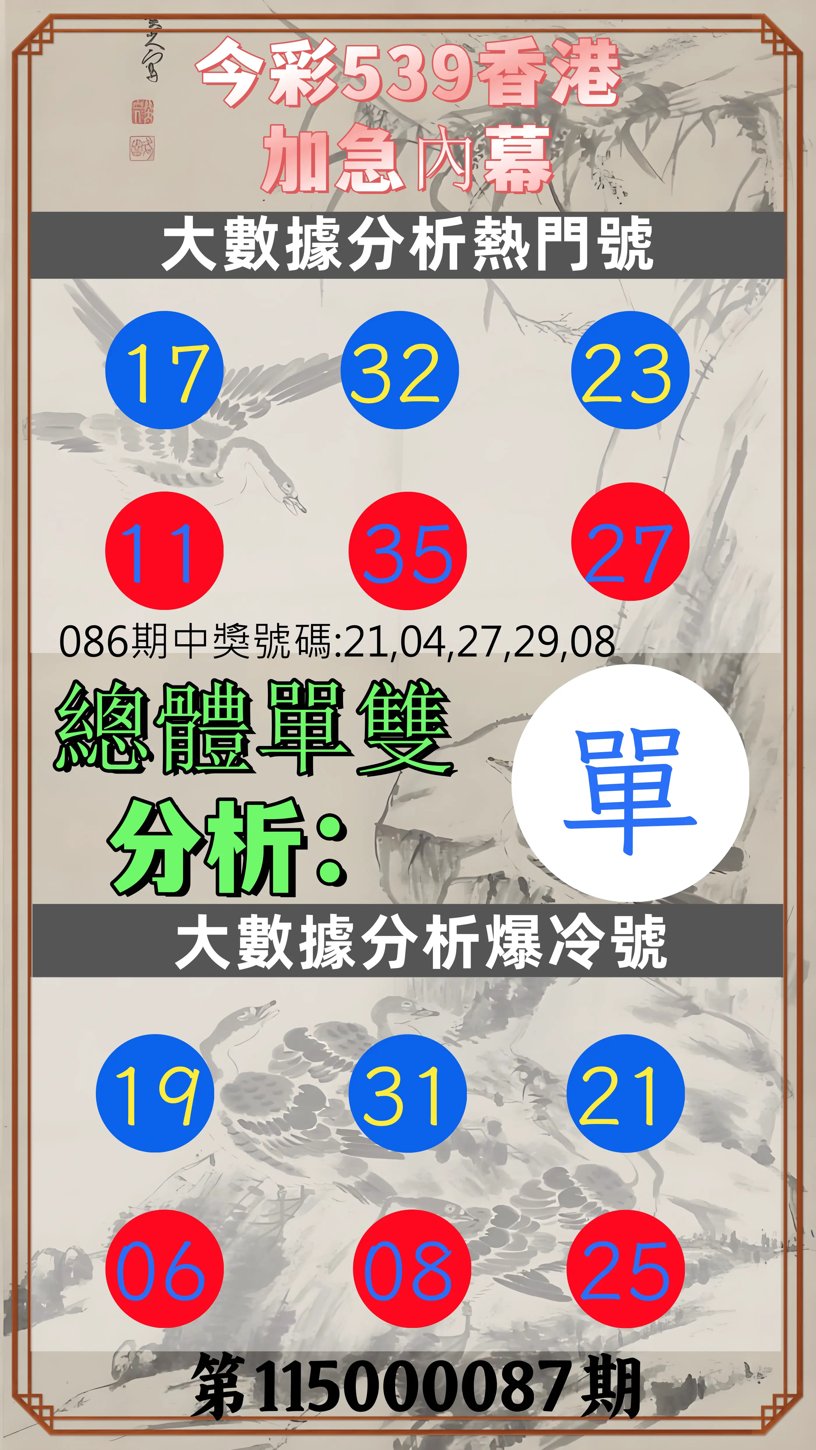 今彩539第115000087期(04/08)今彩539香港加急內幕