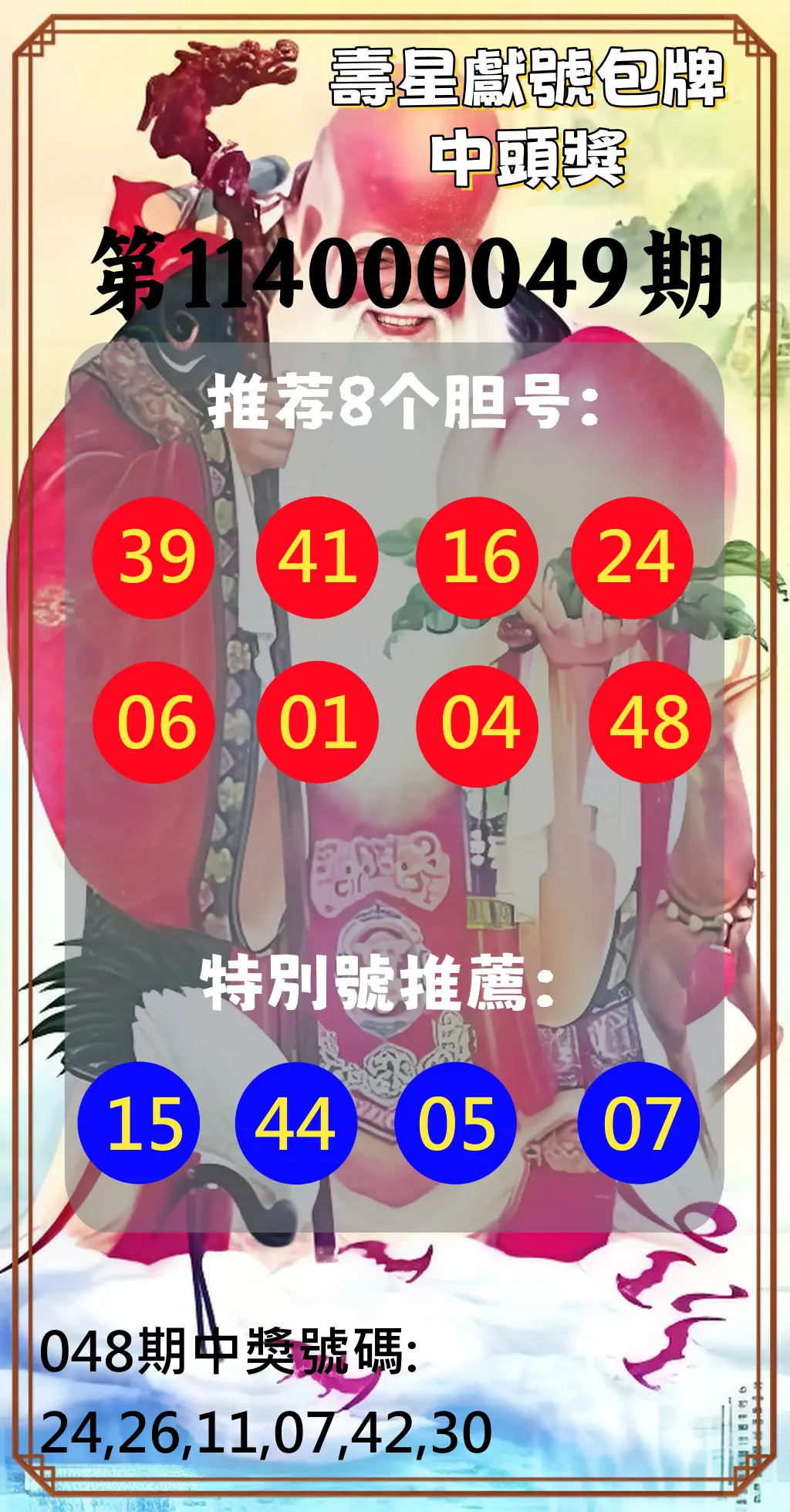 大樂透第114000049期壽星獻號包牌中頭獎