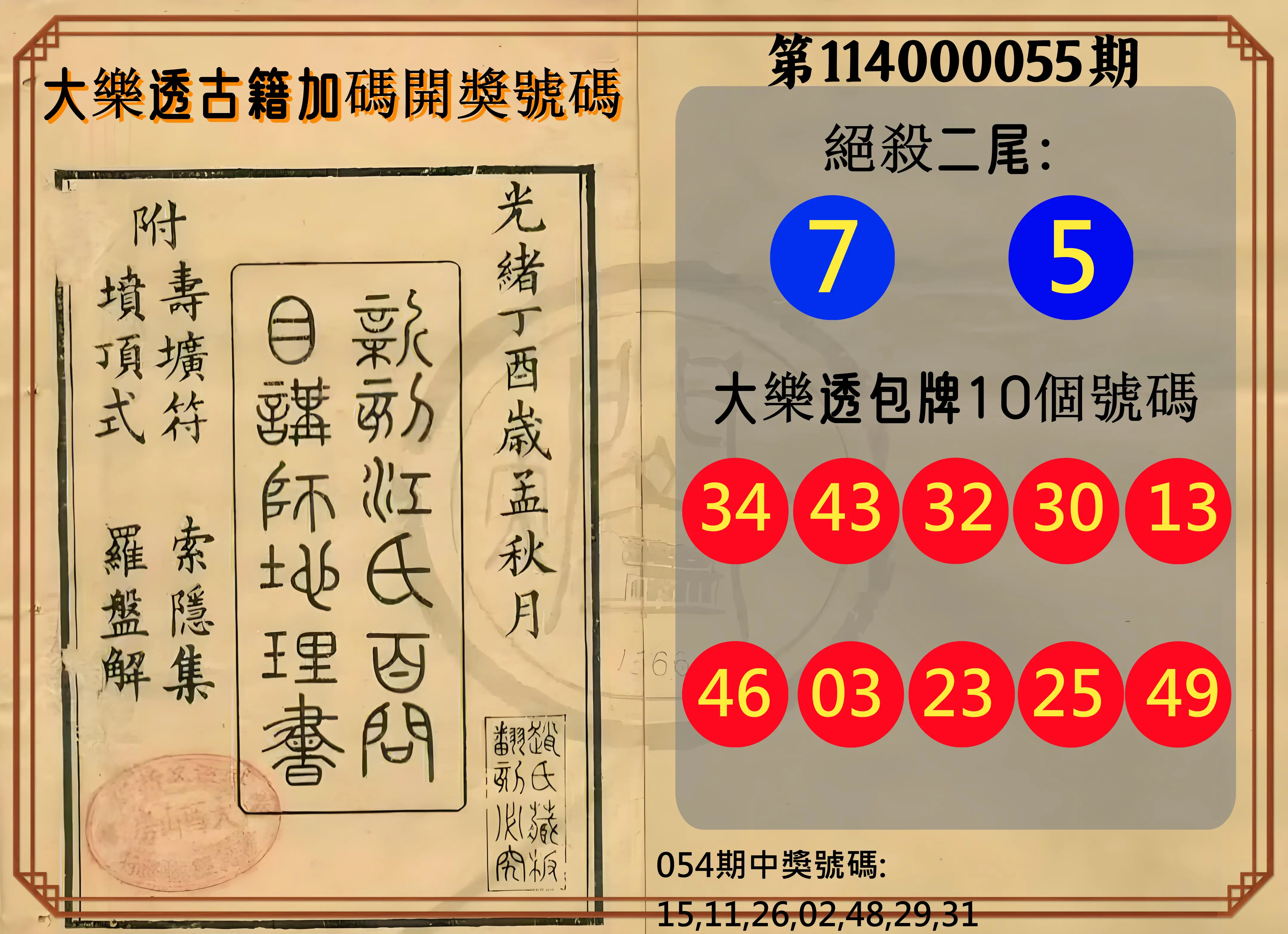 大樂透第114000055期大樂透古籍加碼開獎號碼