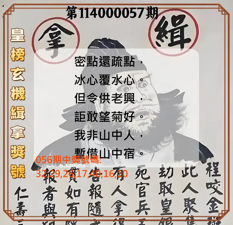 大樂透第114000057期皇榜玄機緝拿獎號