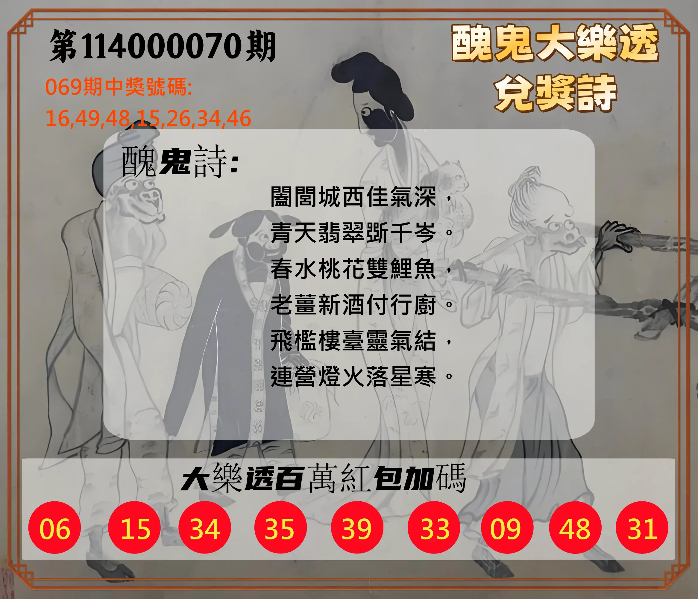大樂透第114000070期(07/15)醜鬼大樂透兌獎詩
