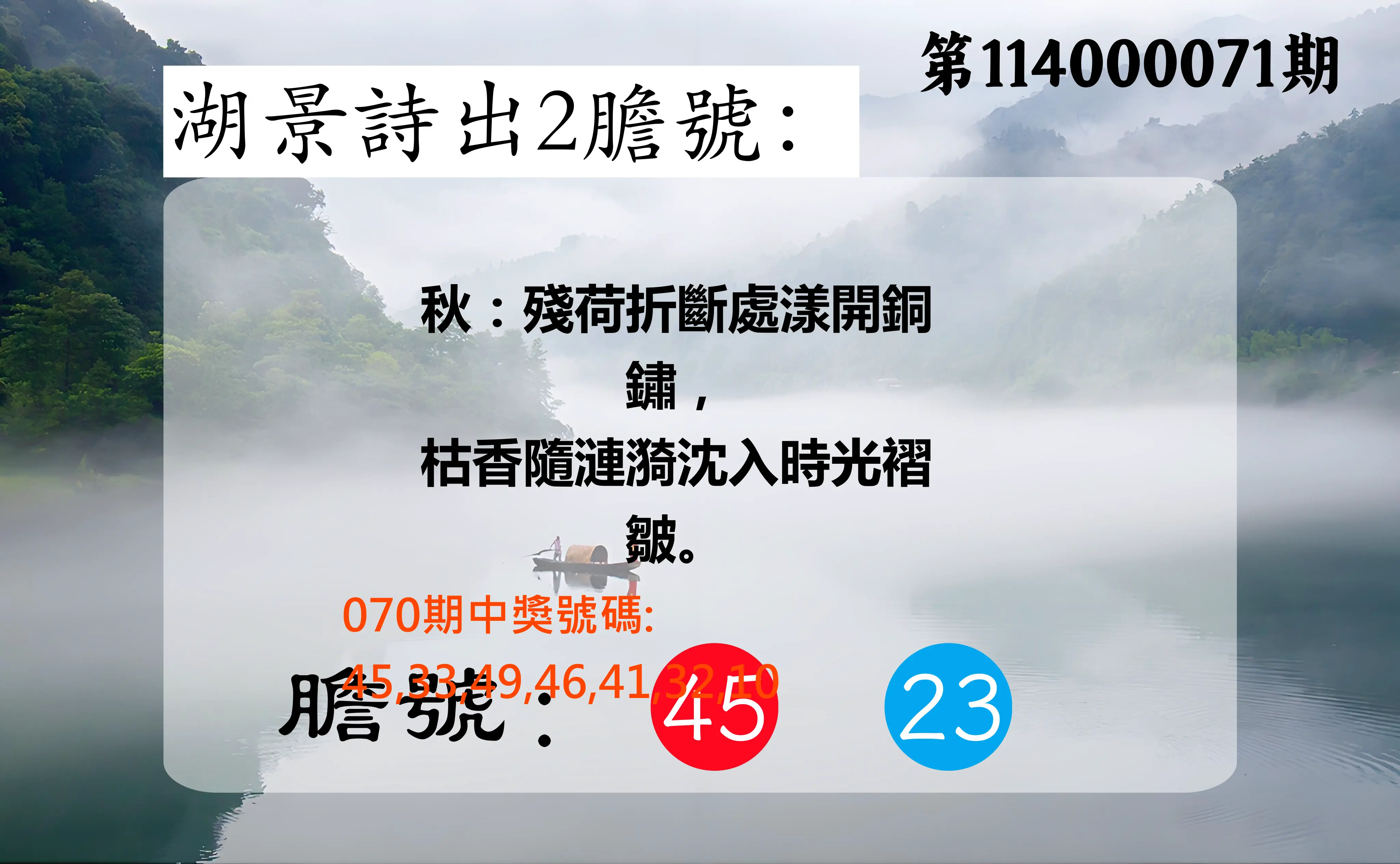 大樂透第114000071期(07/18)湖景詩出2膽號