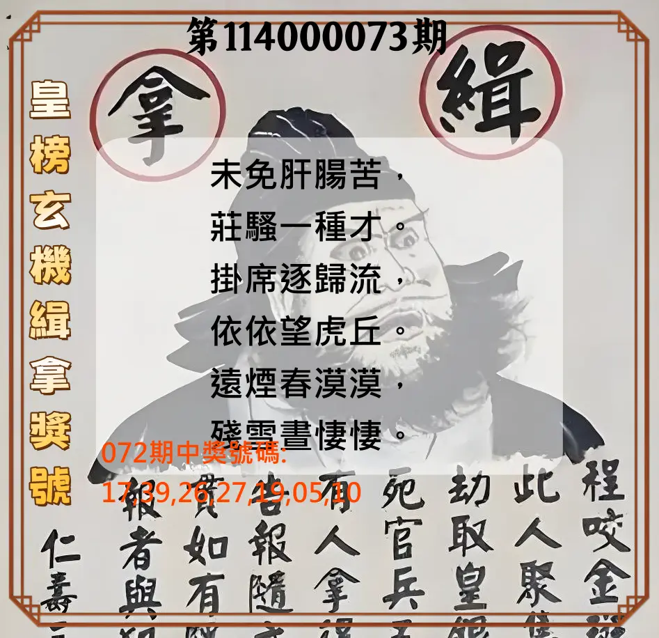 大樂透第114000073期(07/25)皇榜玄機緝拿獎號