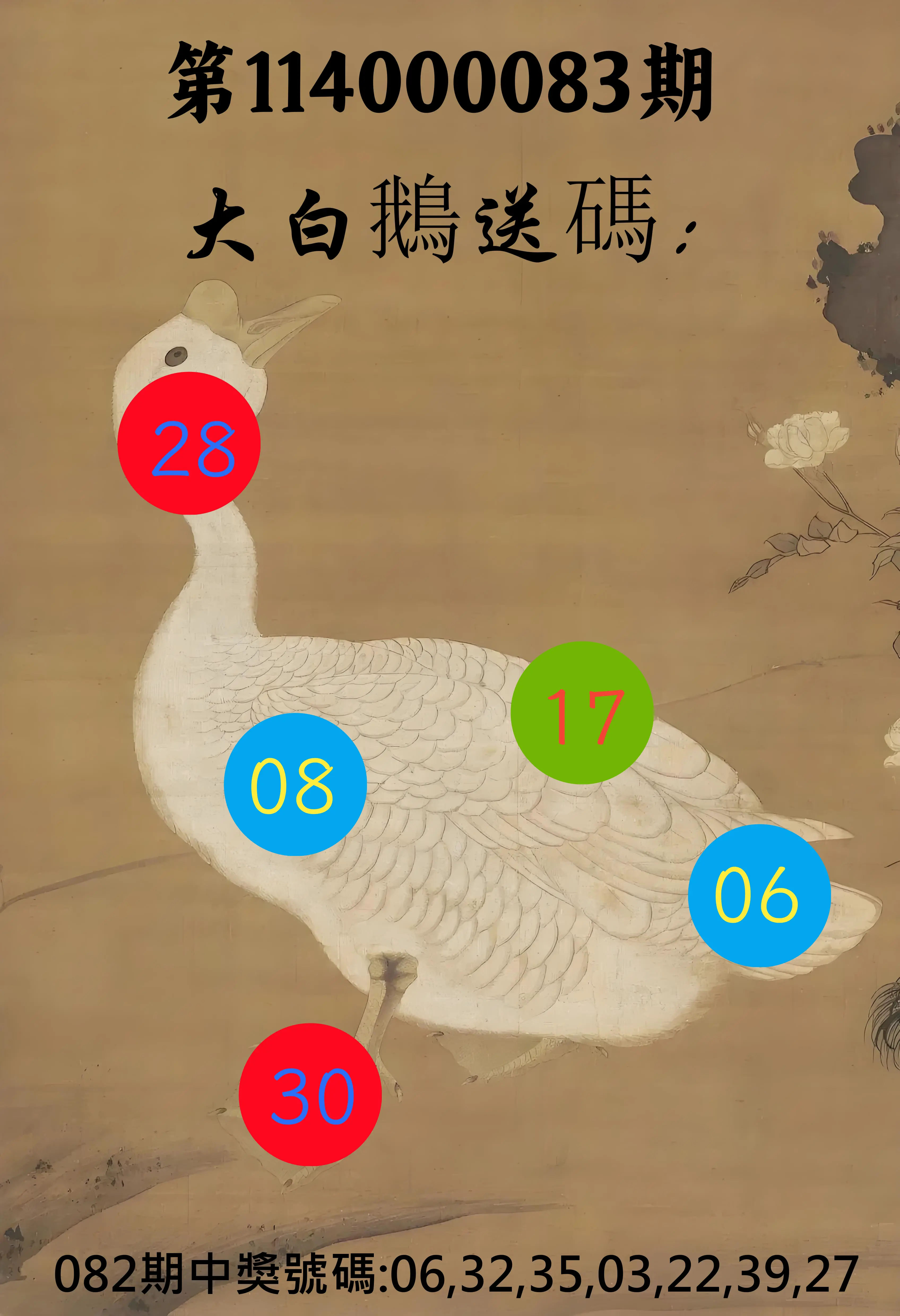 大樂透第114000083期(08/29)大白鵝送碼