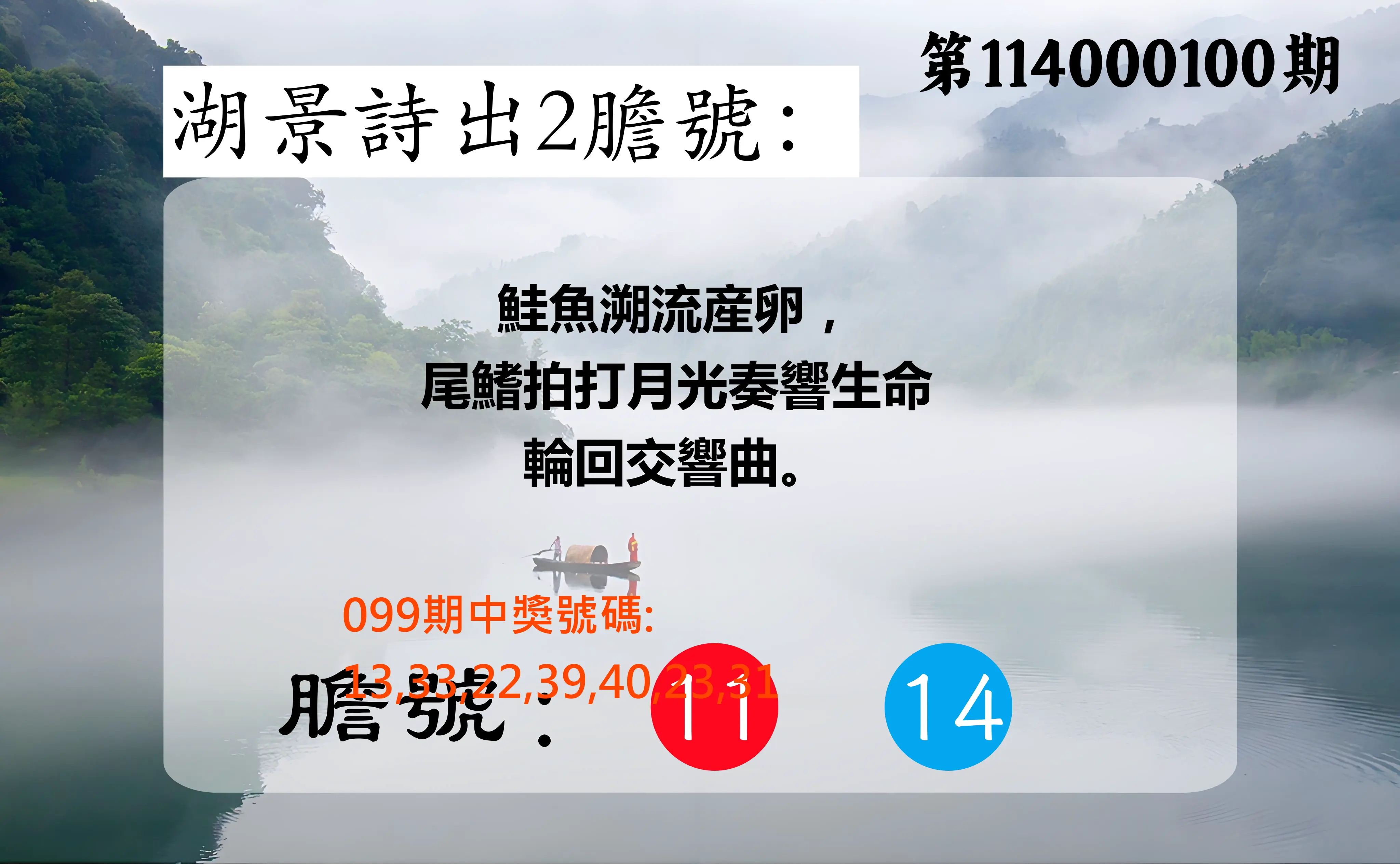 大樂透第114000100期(10/28)湖景詩出2膽號