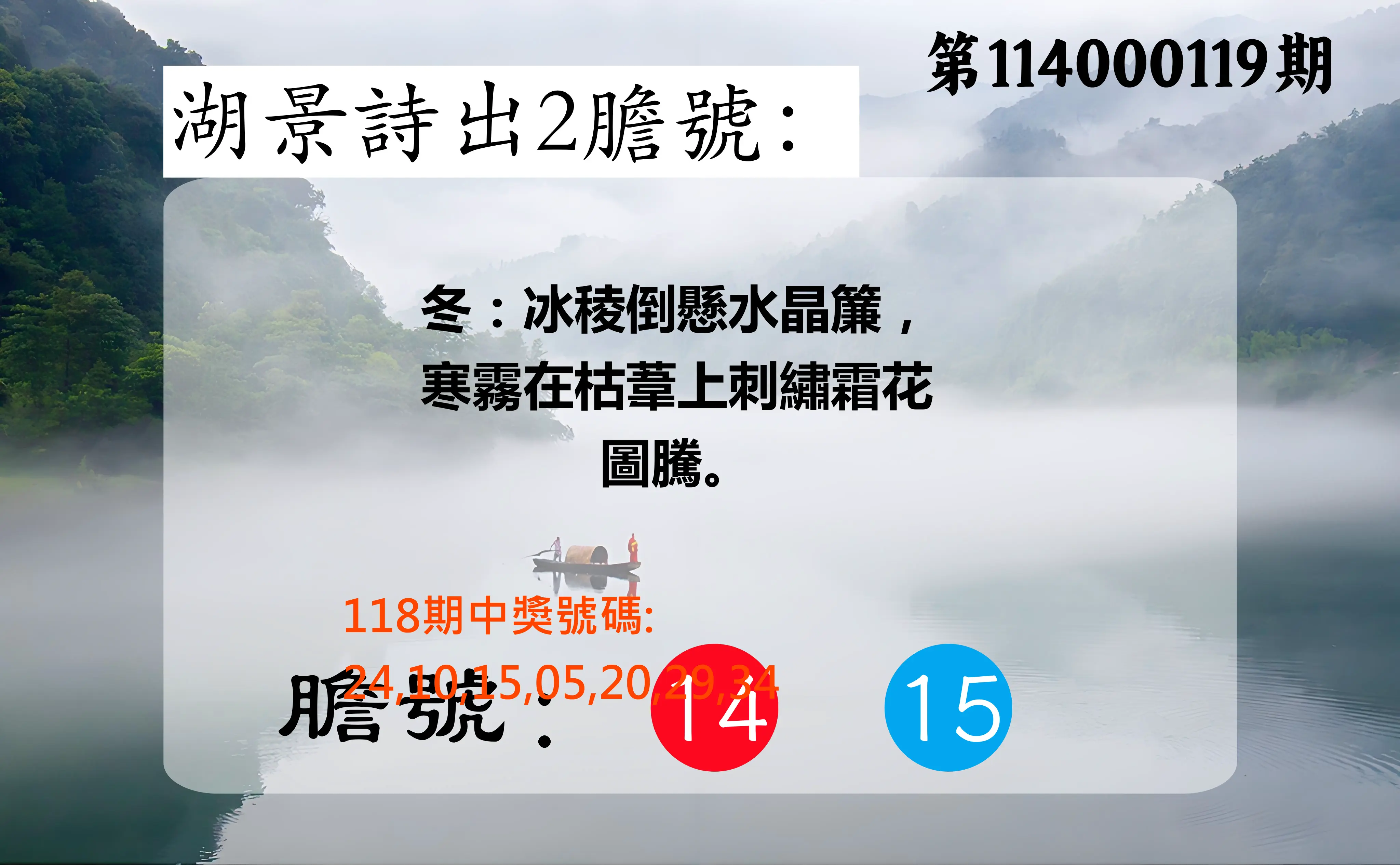 大樂透第114000119期(01/02)湖景詩出2膽號