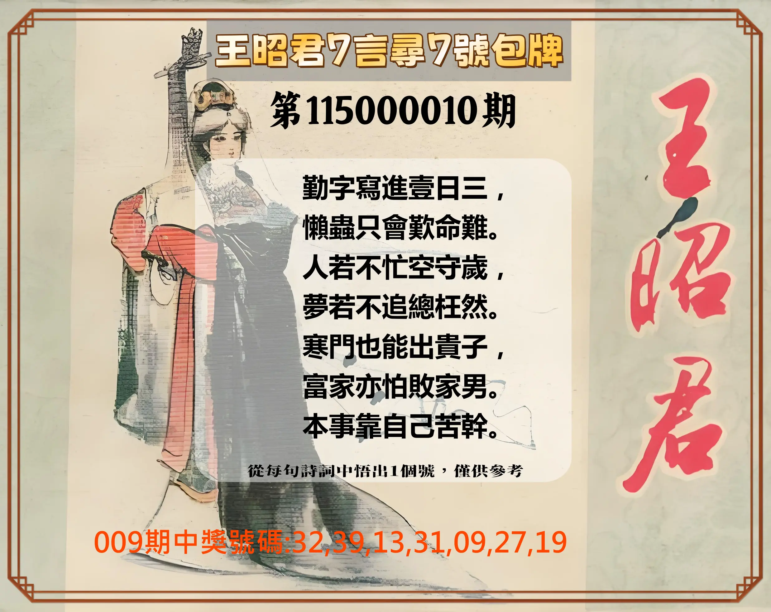 大樂透第115000010期(02/03)王昭君7言尋7號包牌