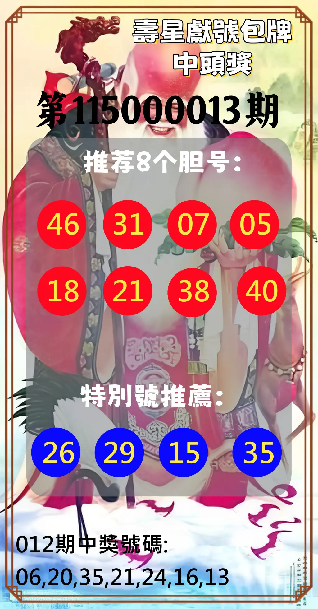 大樂透第115000013期(02/13)壽星獻號包牌中頭獎