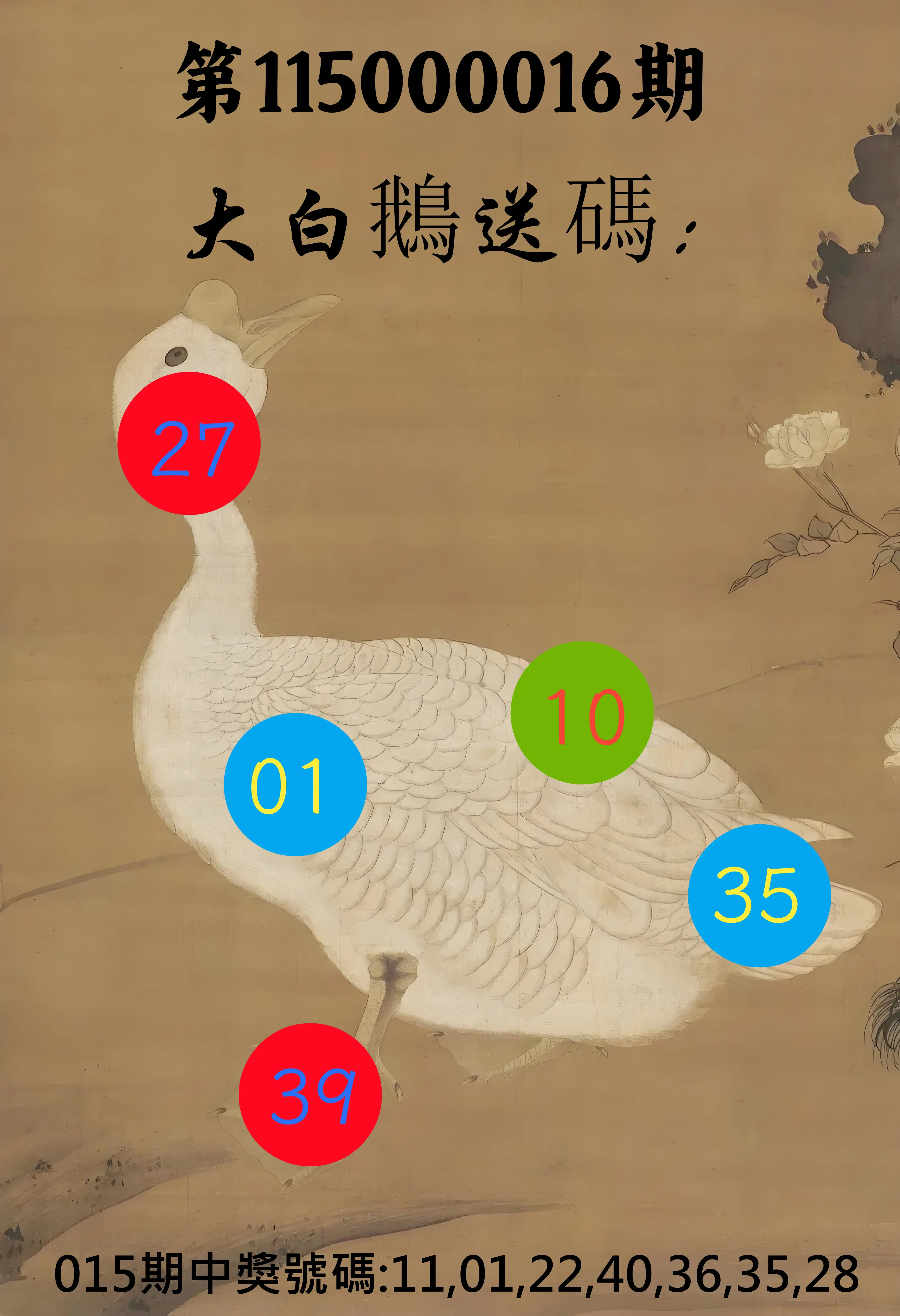 大樂透第115000016期(02/17)大白鵝送碼