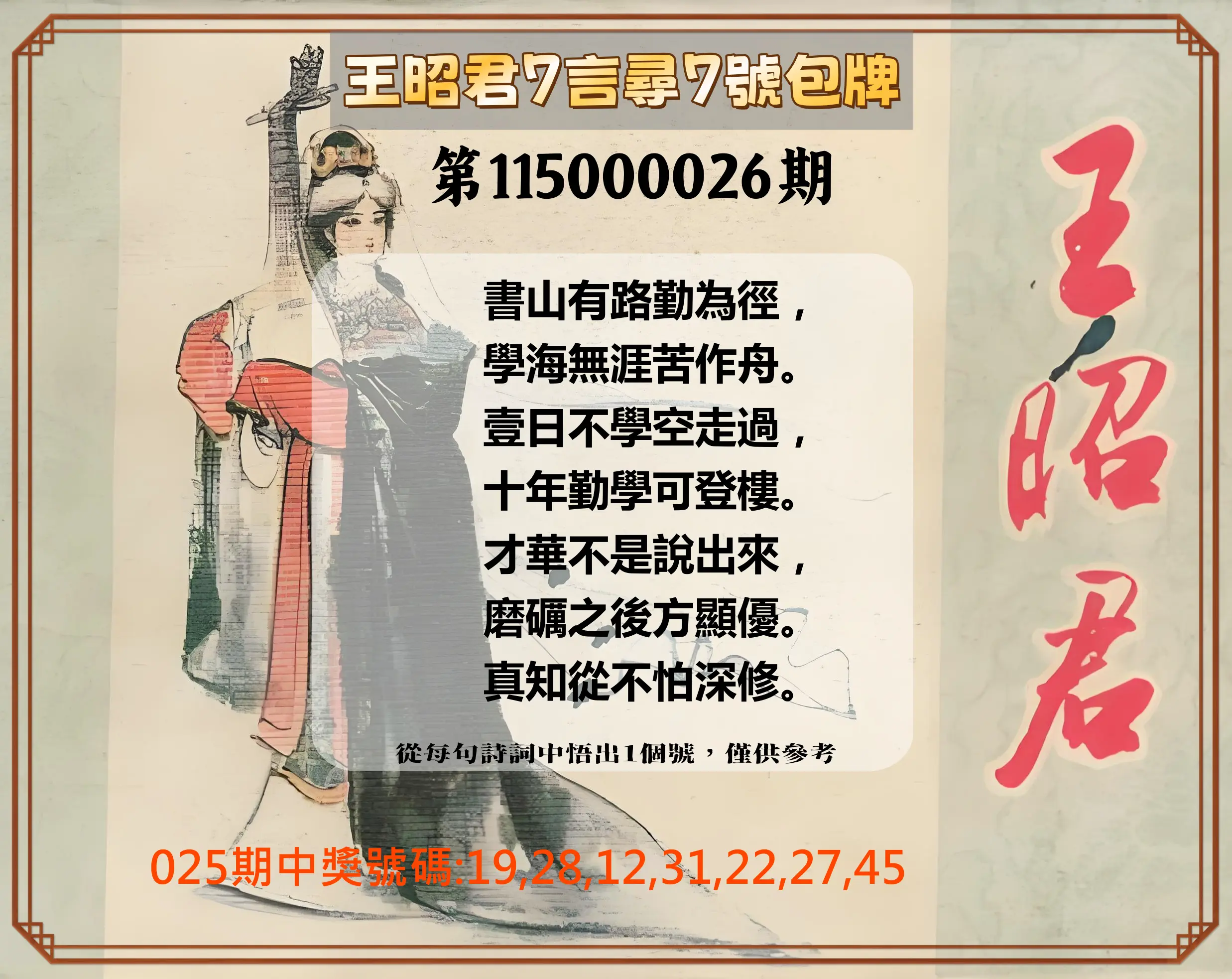 大樂透第115000026期(02/25)王昭君7言尋7號包牌