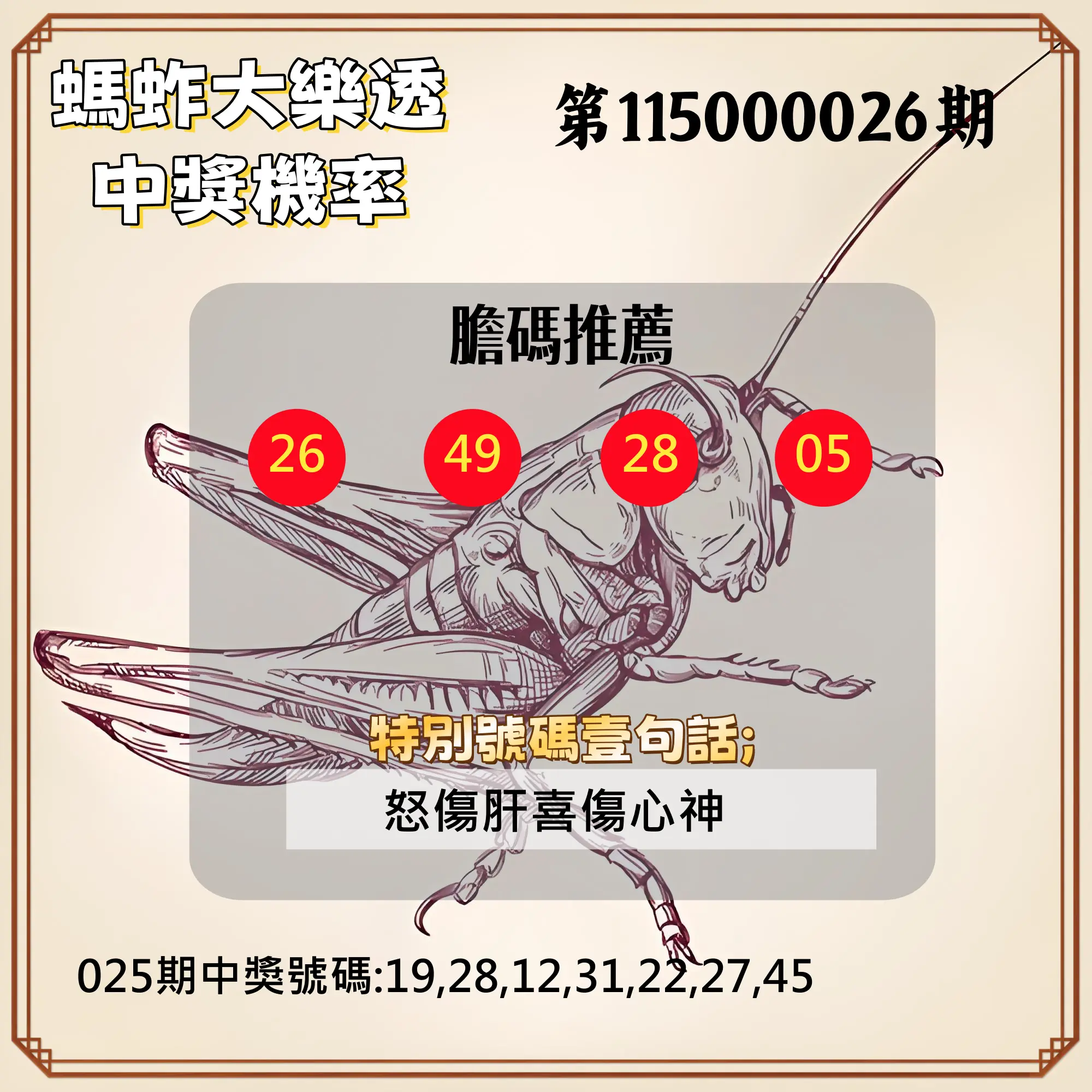 大樂透第115000026期(02/25)螞蚱大樂透中獎機率