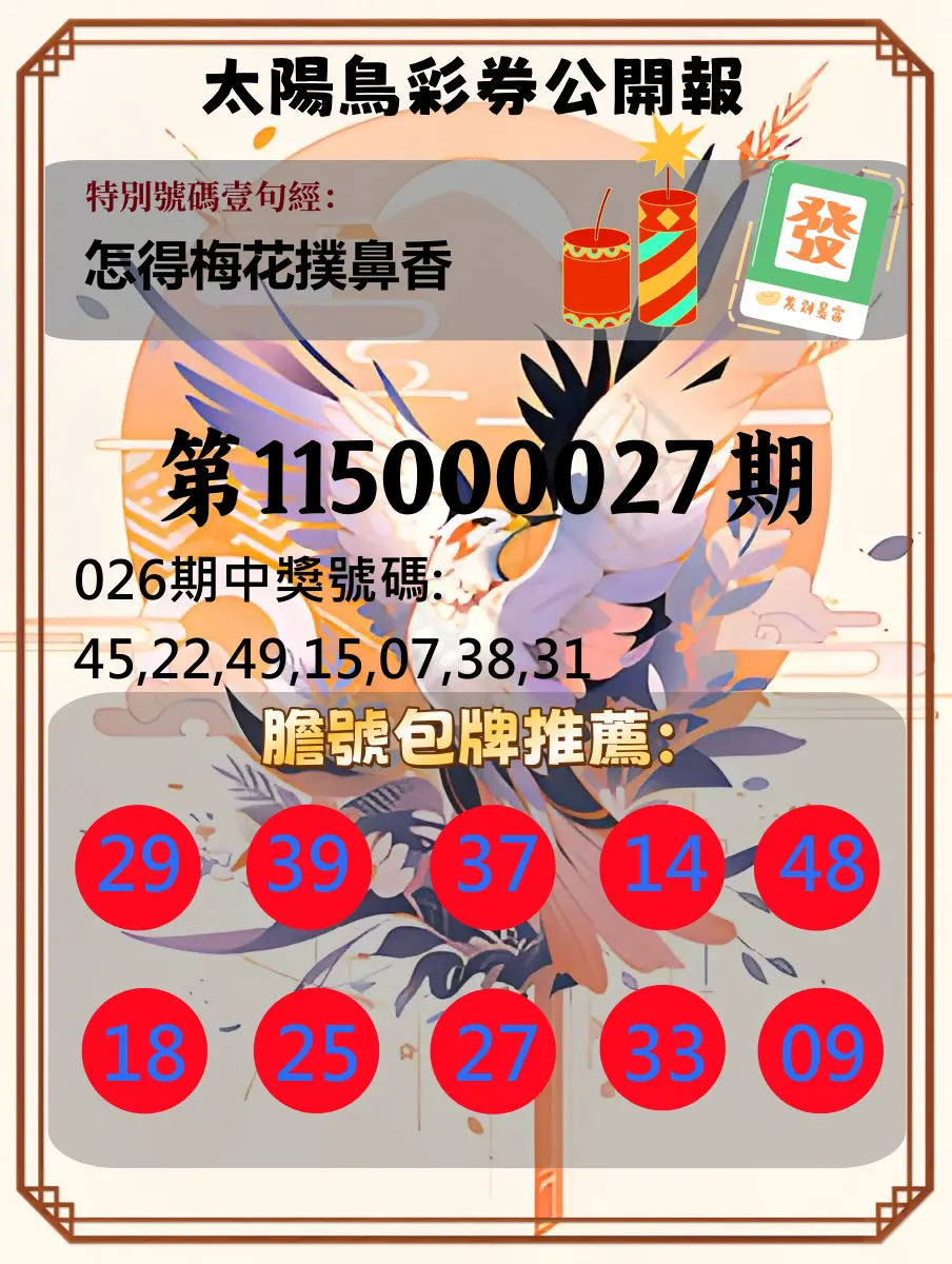 大樂透第115000027期(02/26)太陽鳥彩券公開報