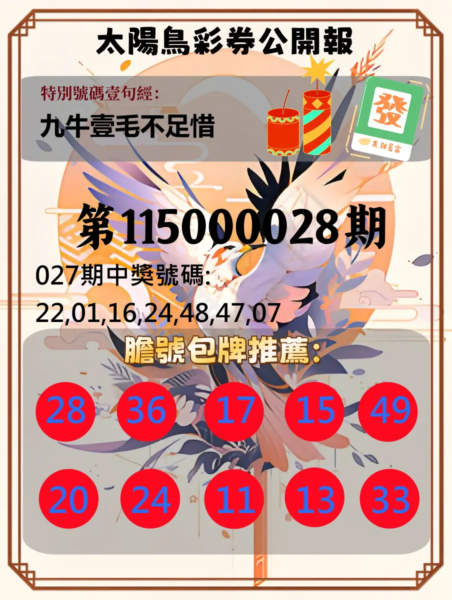 大樂透第115000028期(02/27)太陽鳥彩券公開報