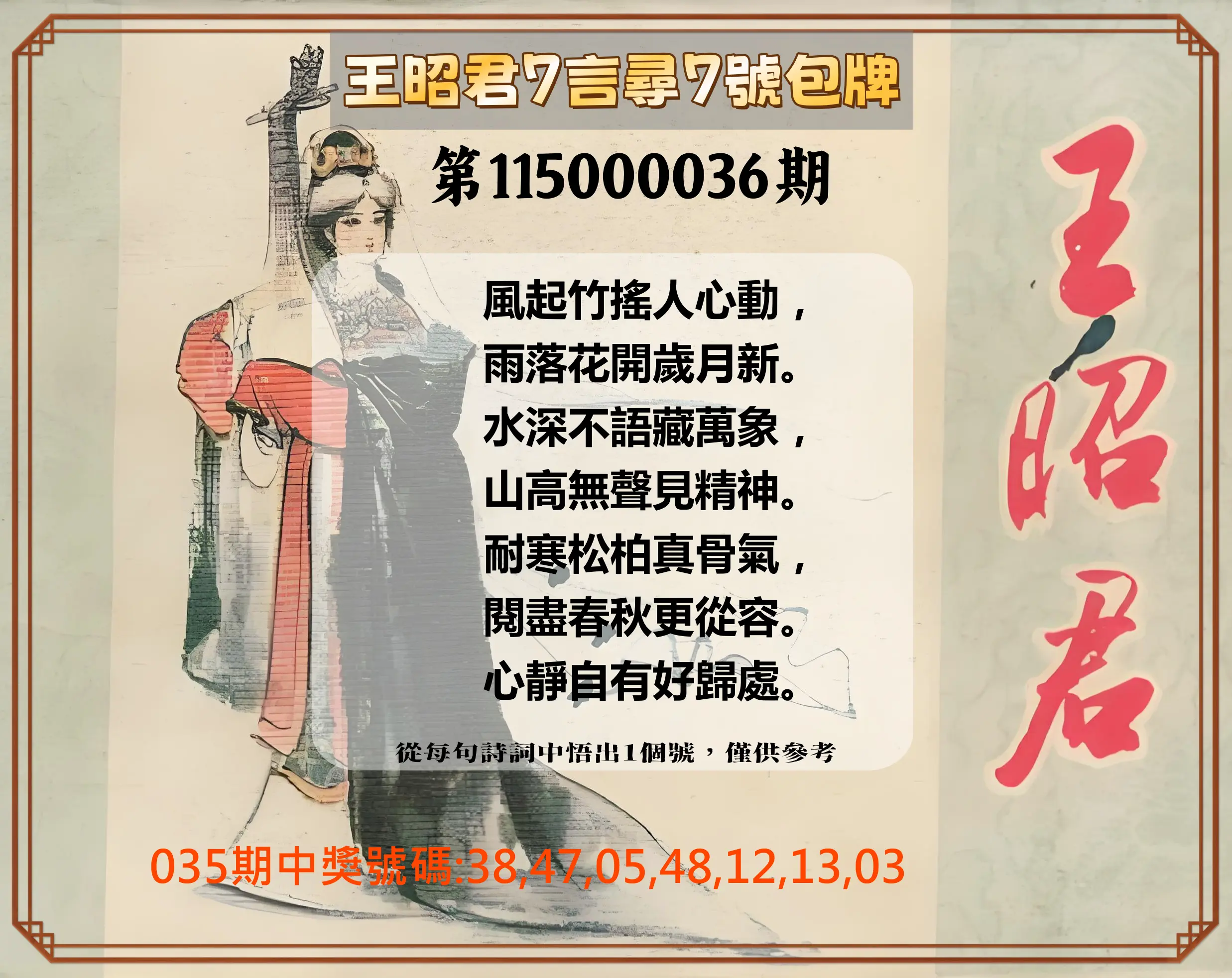 大樂透第115000036期(03/17)王昭君7言尋7號包牌