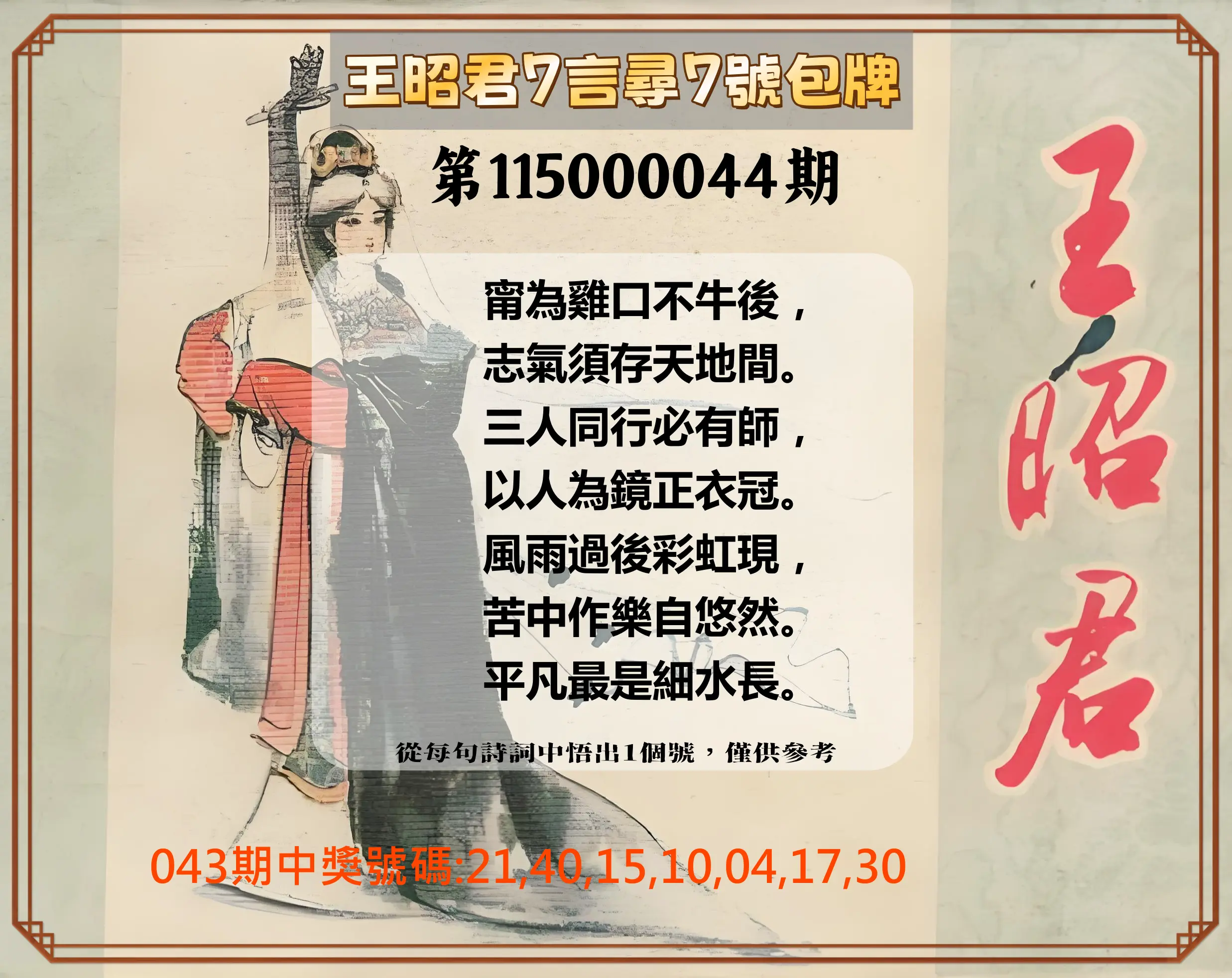 大樂透第115000044期(04/14)王昭君7言尋7號包牌
