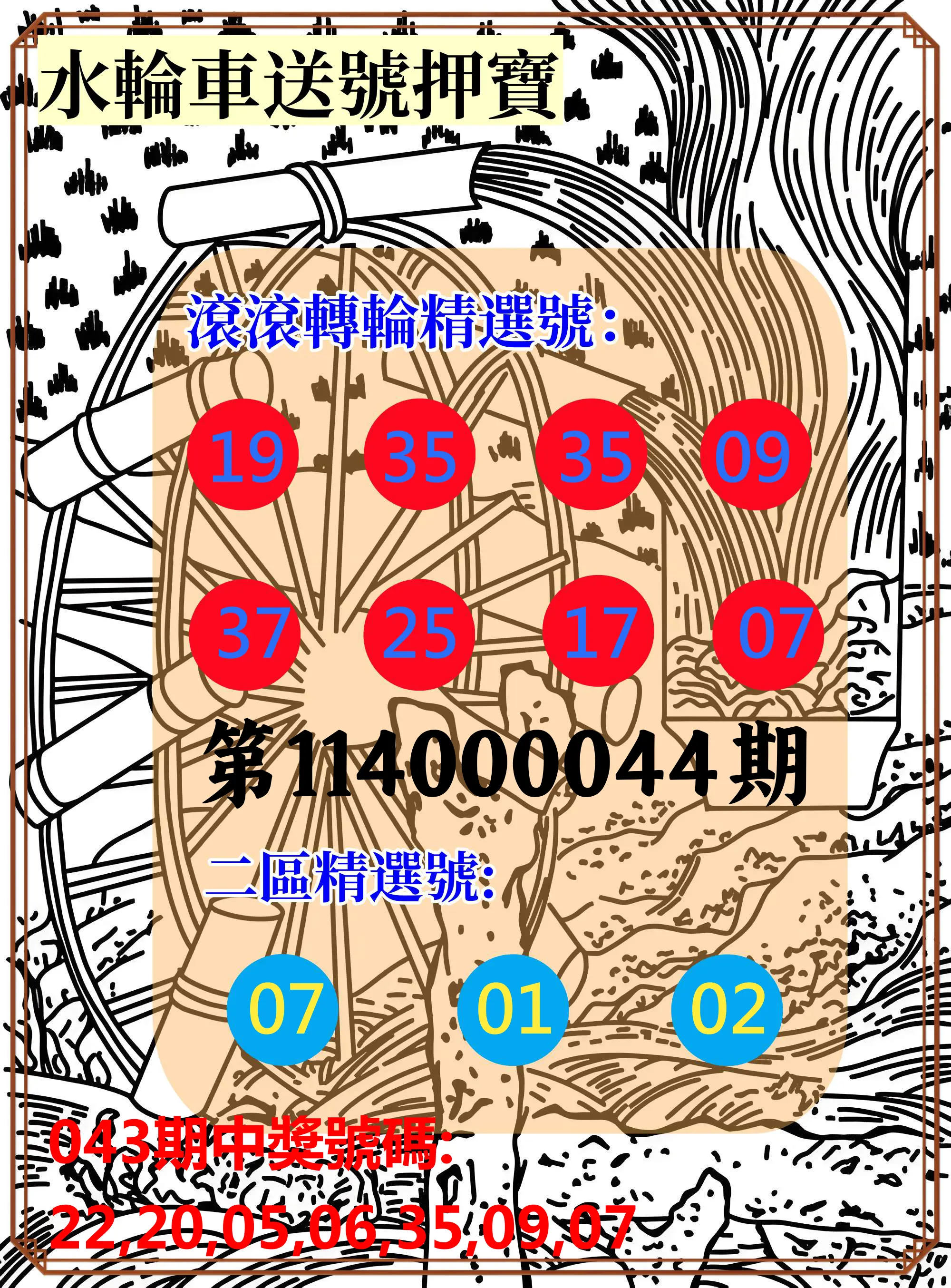 威力彩第114000044期水輪車送號押寶