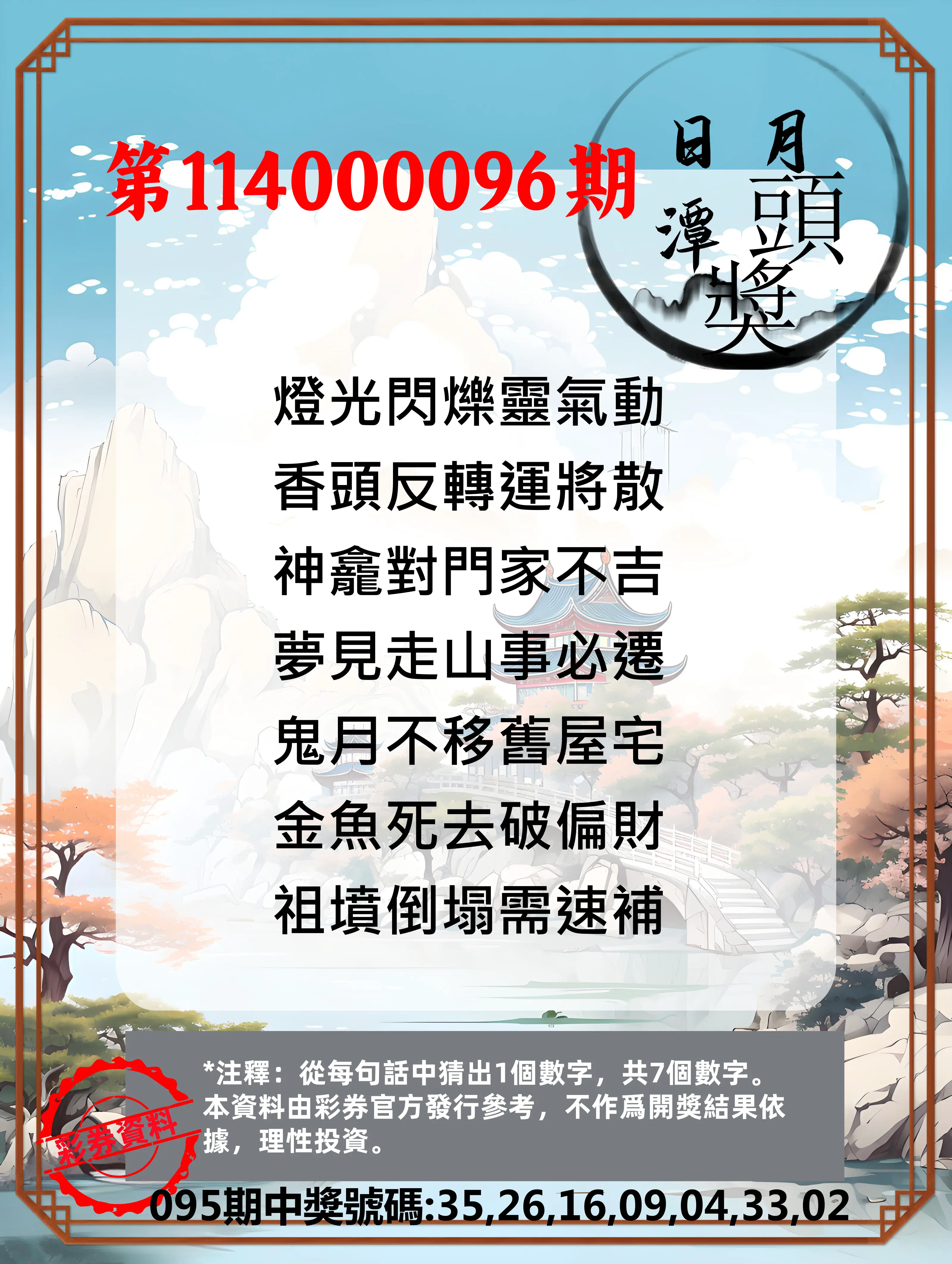 威力彩第114000096期(12/01)日月潭头奖竞猜