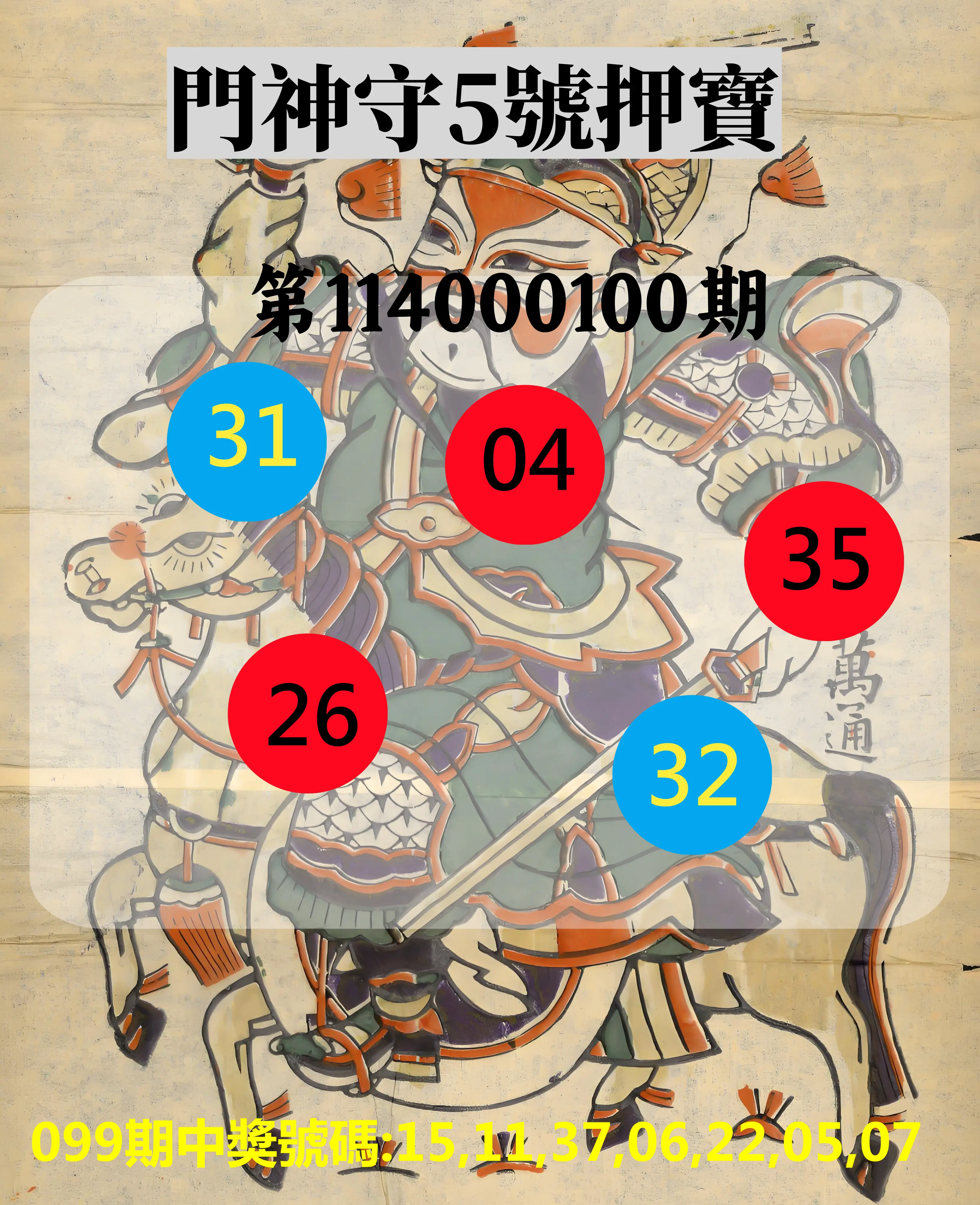 威力彩第114000100期(12/15)門神守5號押寶