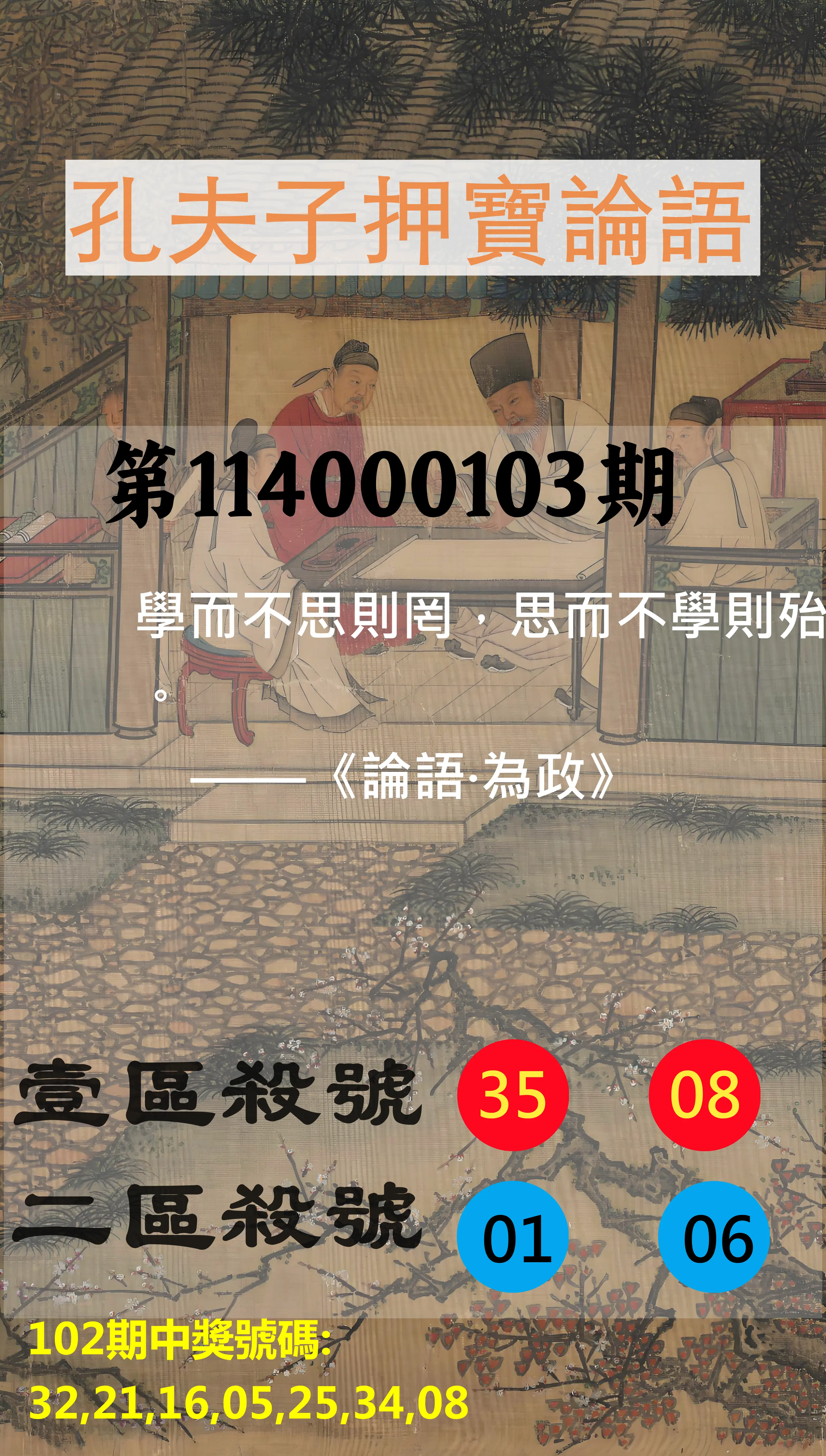 威力彩第114000103期(12/25)孔夫子押寶論語