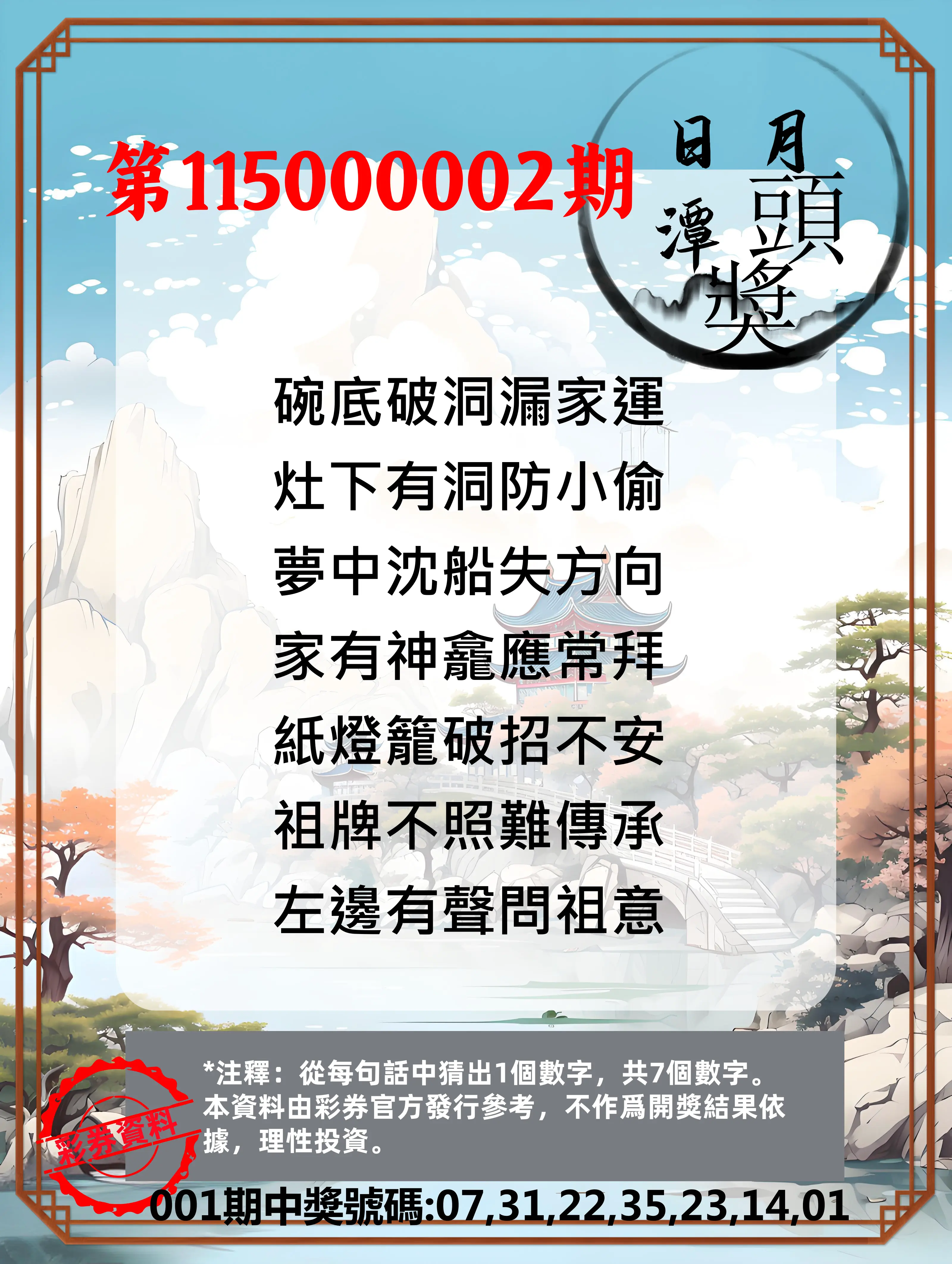 威力彩第115000002期(01/05)日月潭头奖竞猜