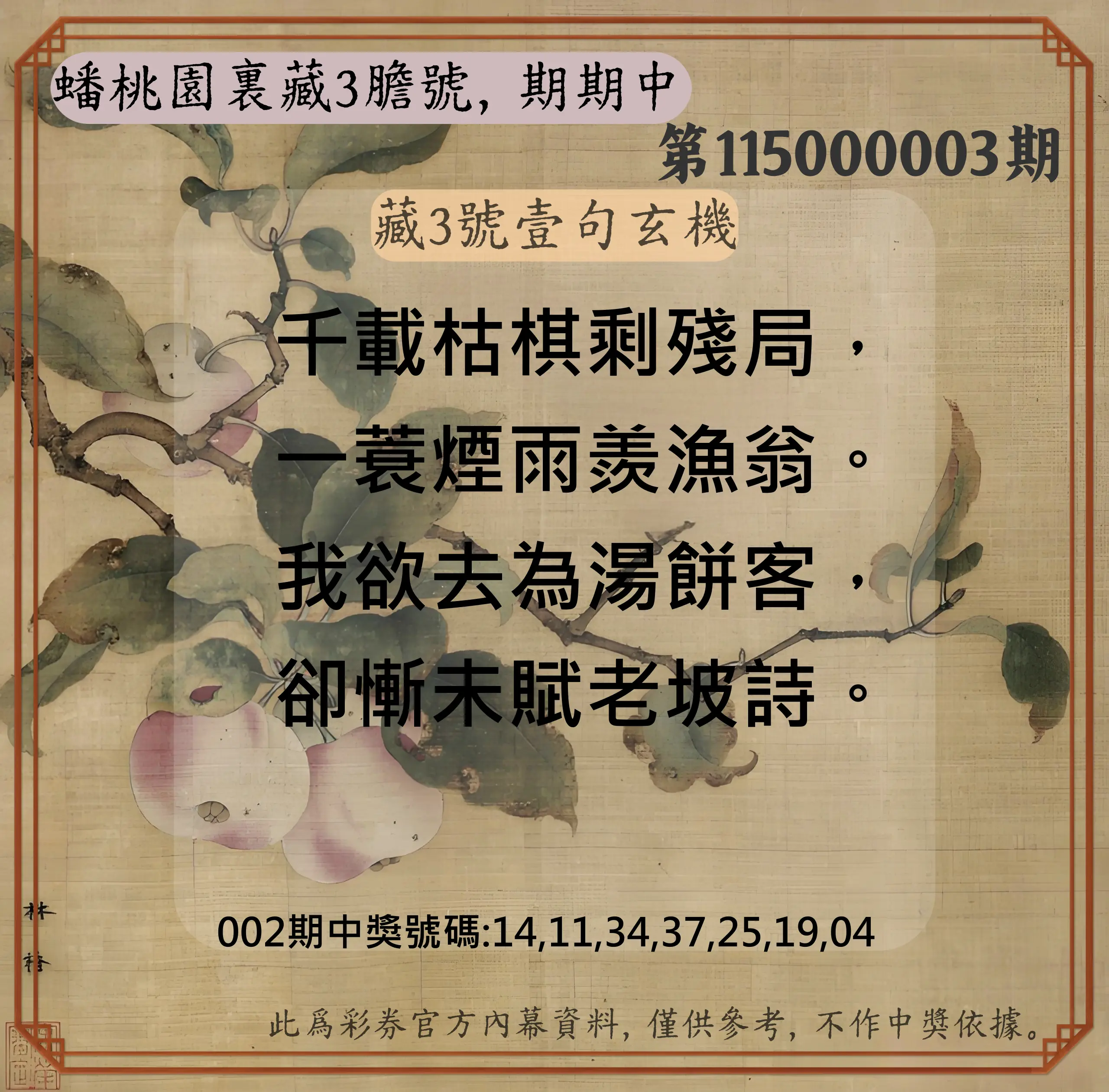 威力彩第115000003期(01/08)蟠桃園裏藏3膽號，期期中