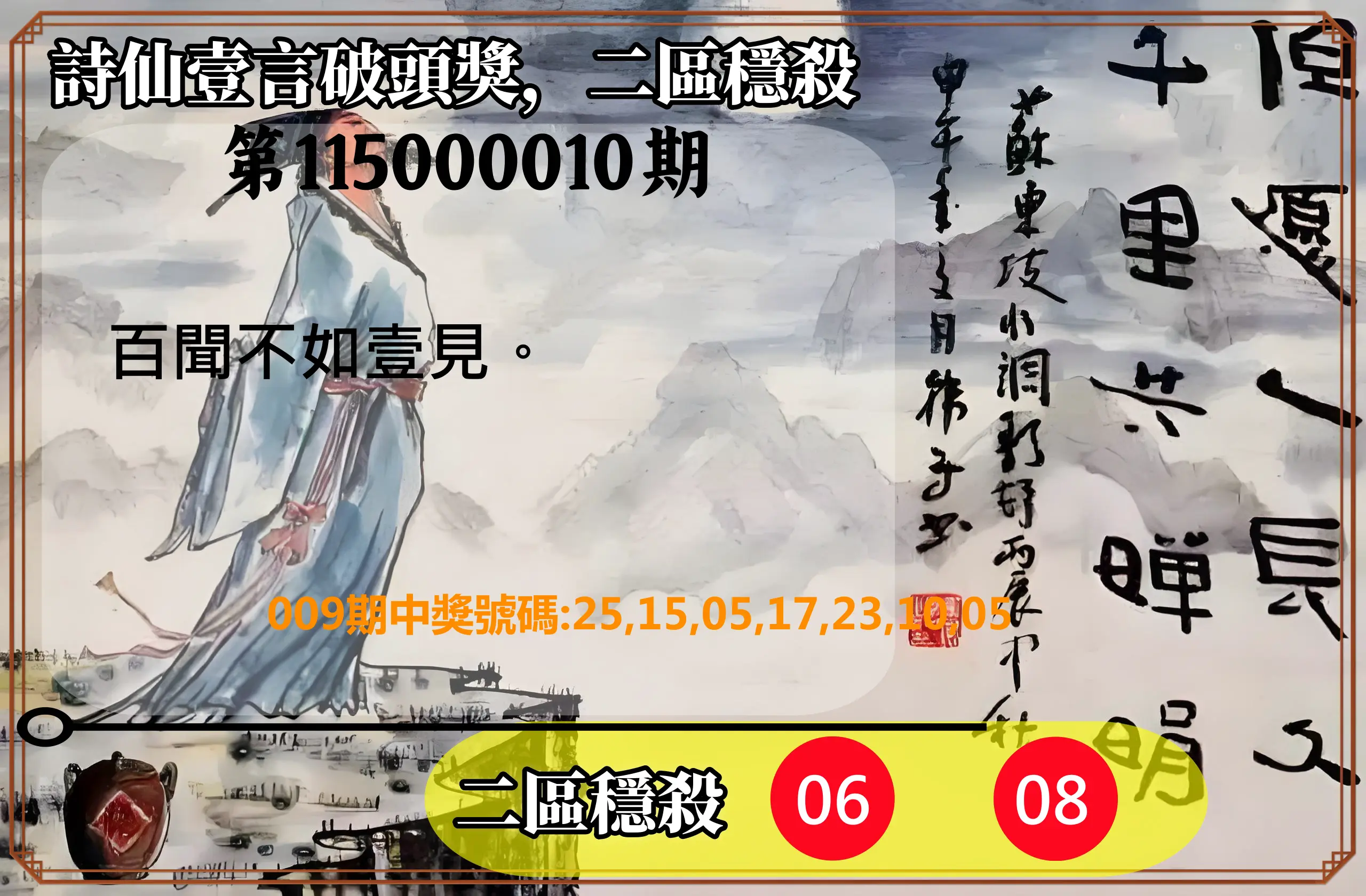 威力彩第115000010期(02/02)詩仙壹言破頭獎，二區穩殺