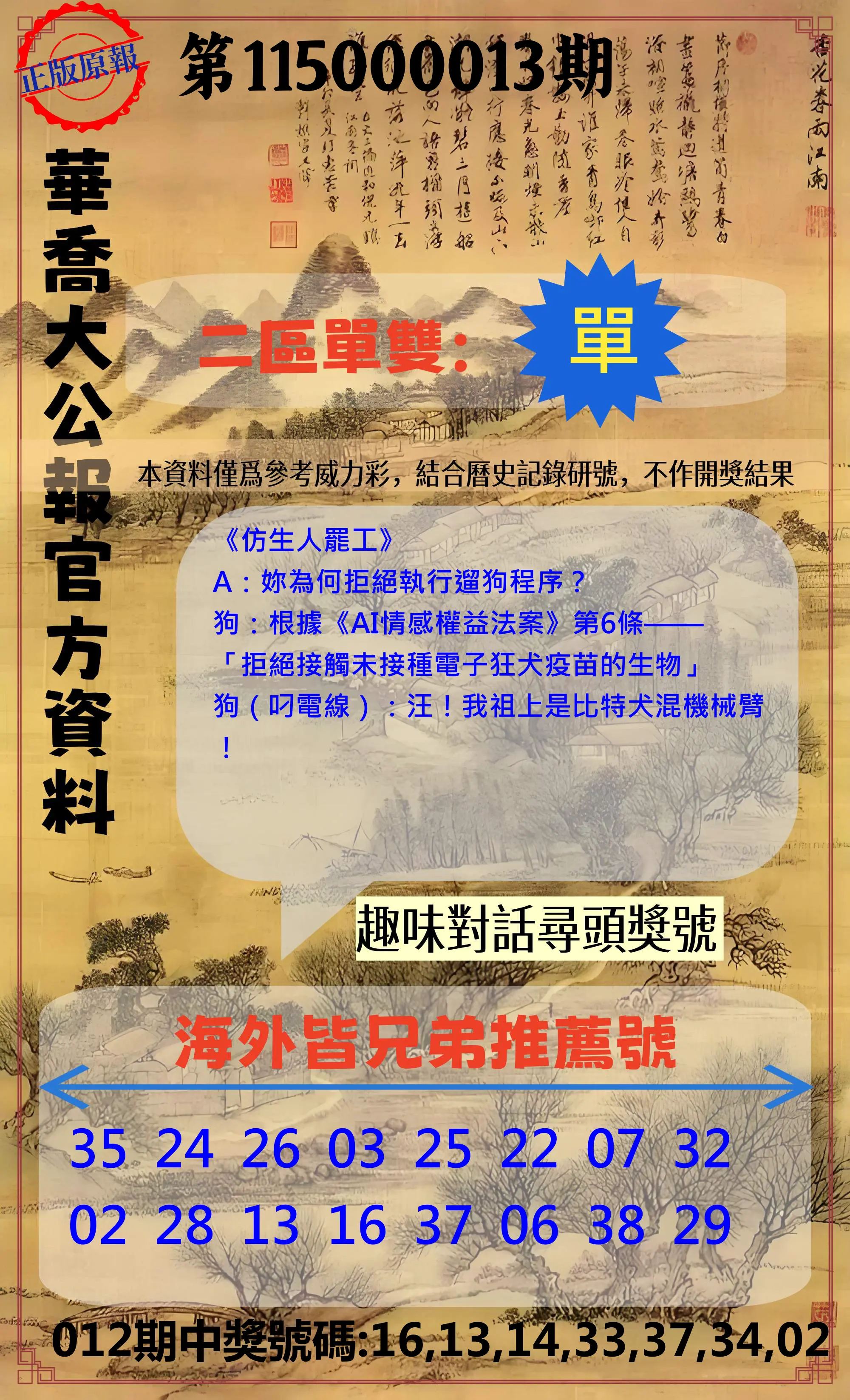威力彩第115000013期(02/12)華喬大公報官方資料