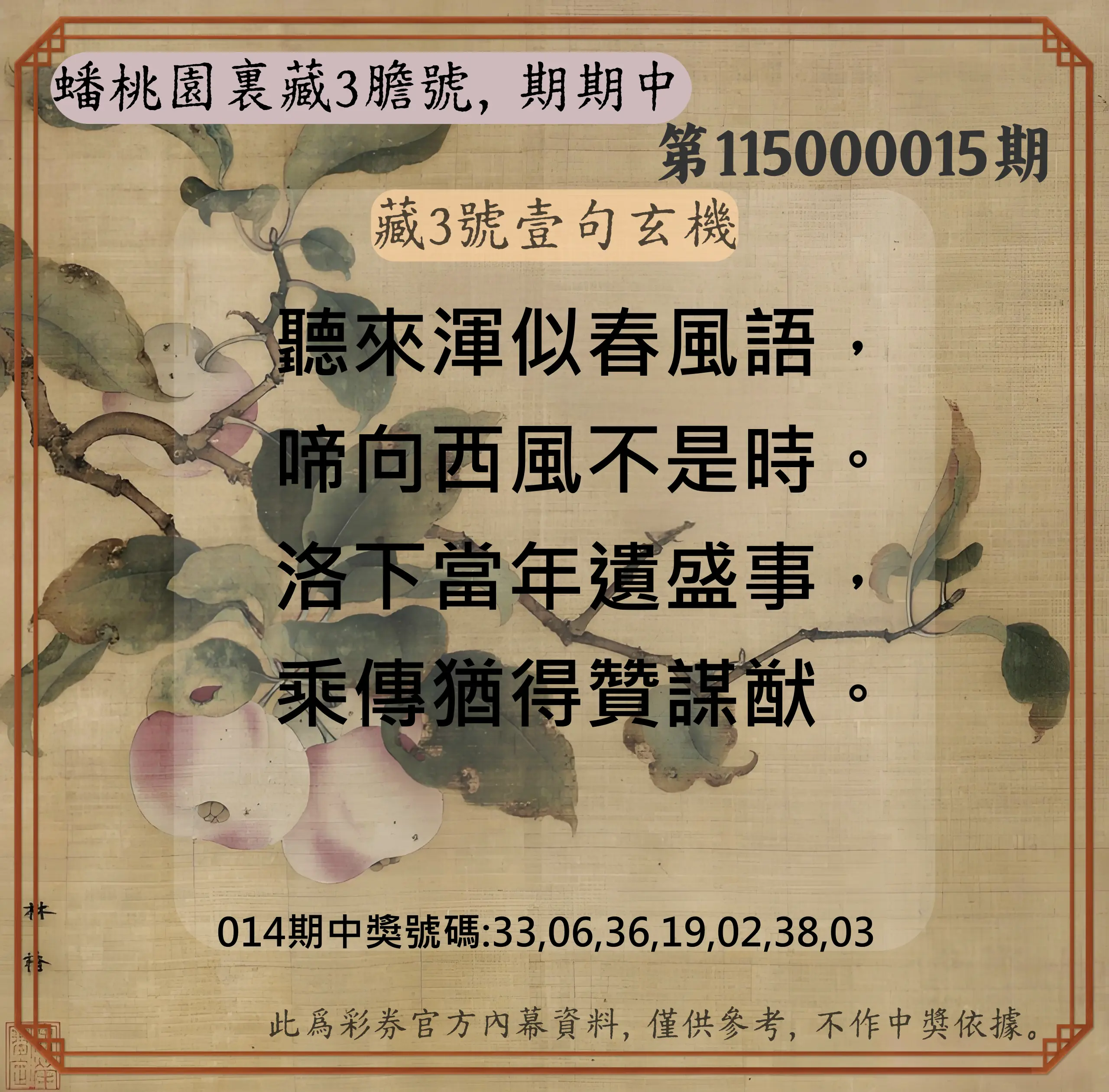 威力彩第115000015期(02/19)蟠桃園裏藏3膽號，期期中