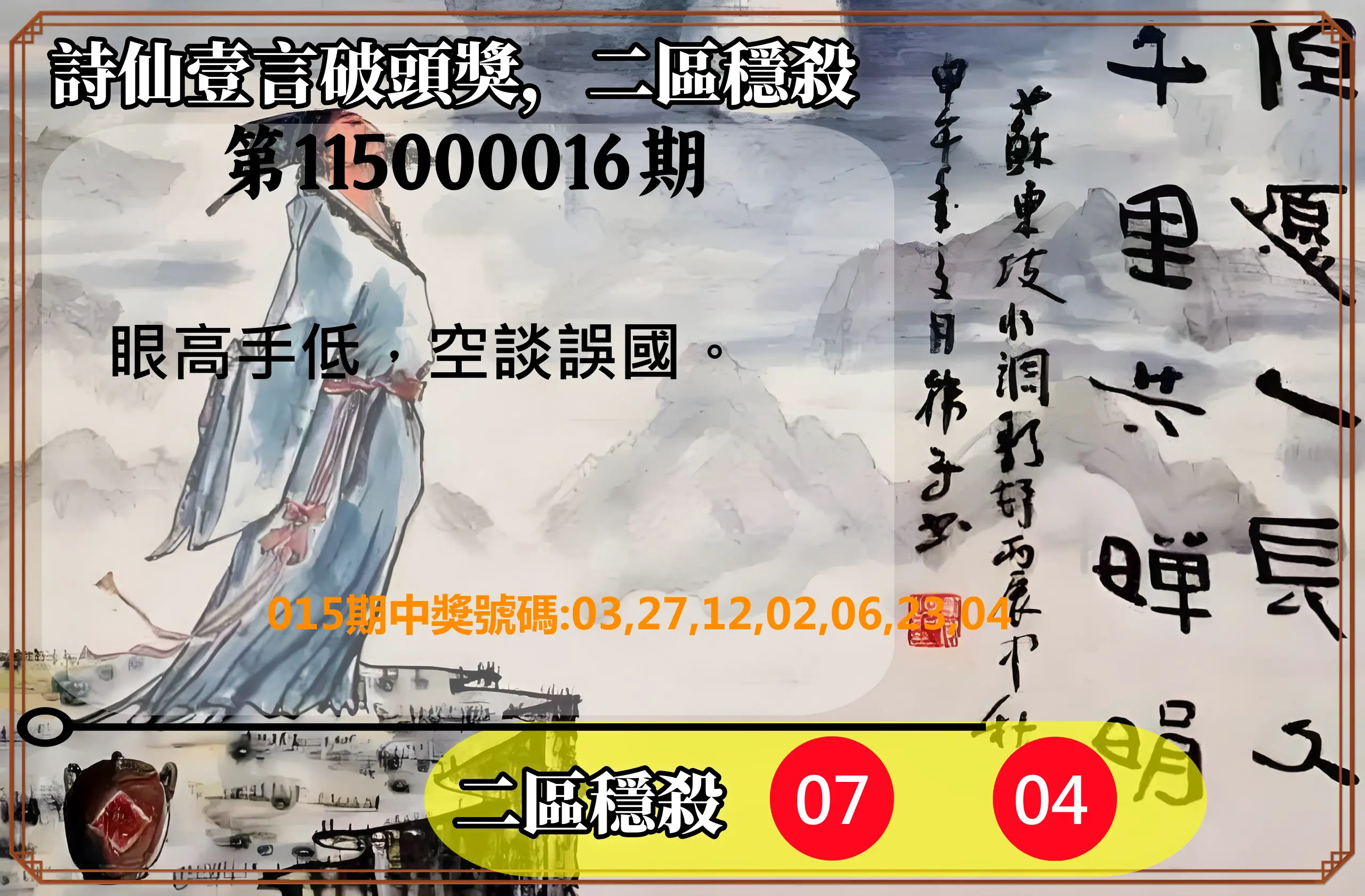 威力彩第115000016期(02/23)詩仙壹言破頭獎，二區穩殺