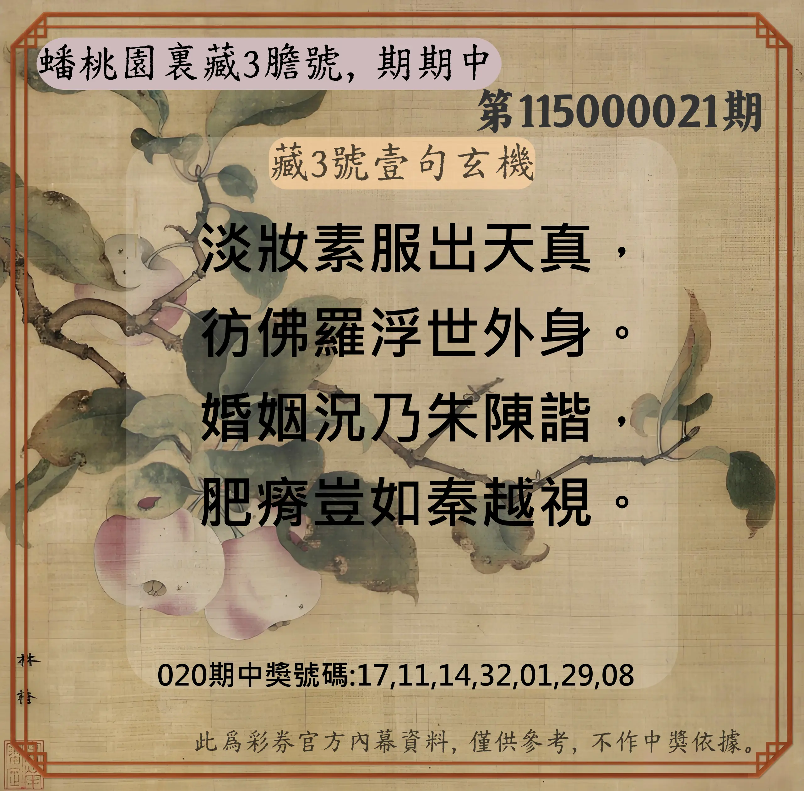 威力彩第115000021期(03/12)蟠桃園裏藏3膽號，期期中