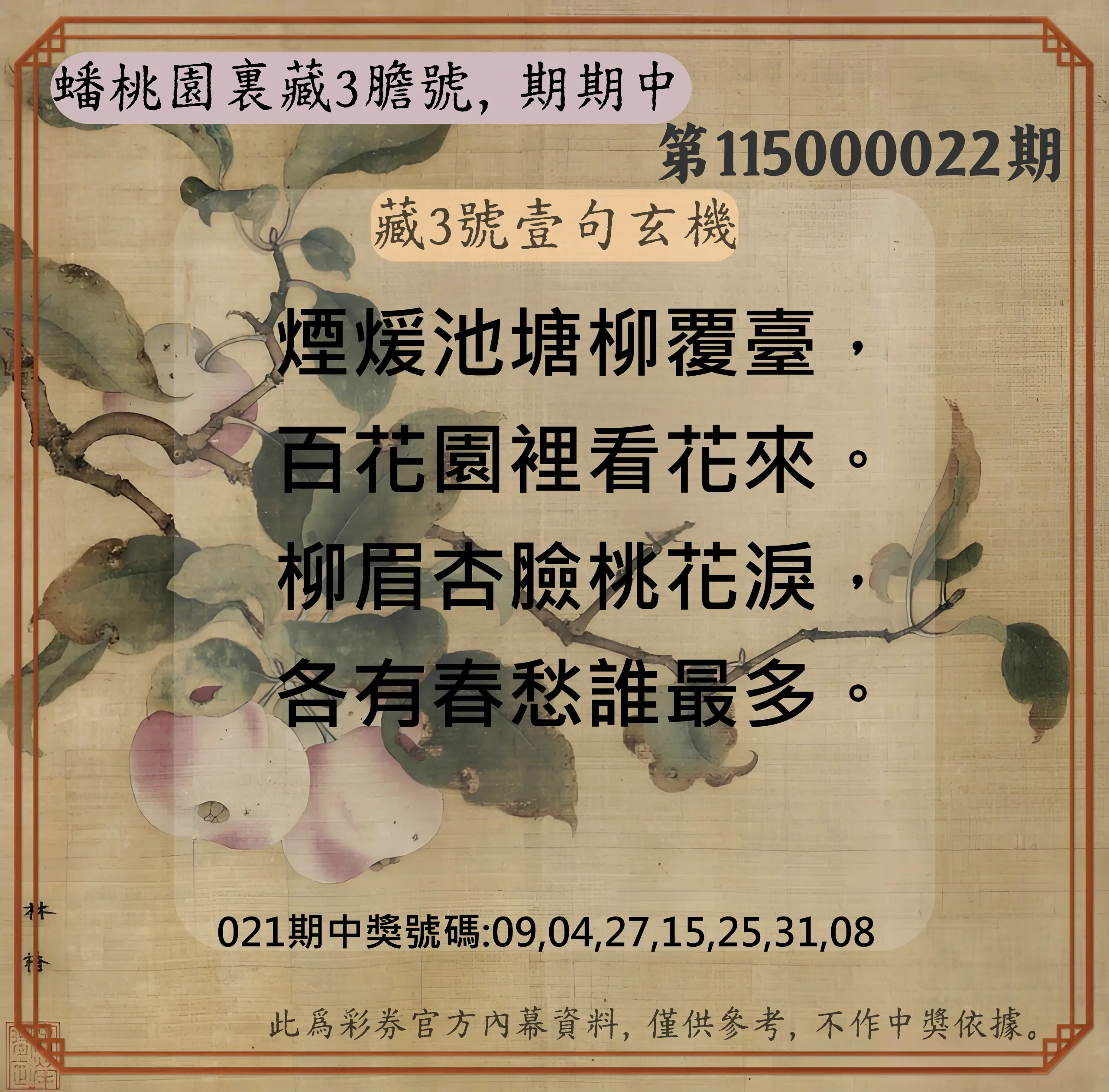 威力彩第115000022期(03/16)蟠桃園裏藏3膽號，期期中